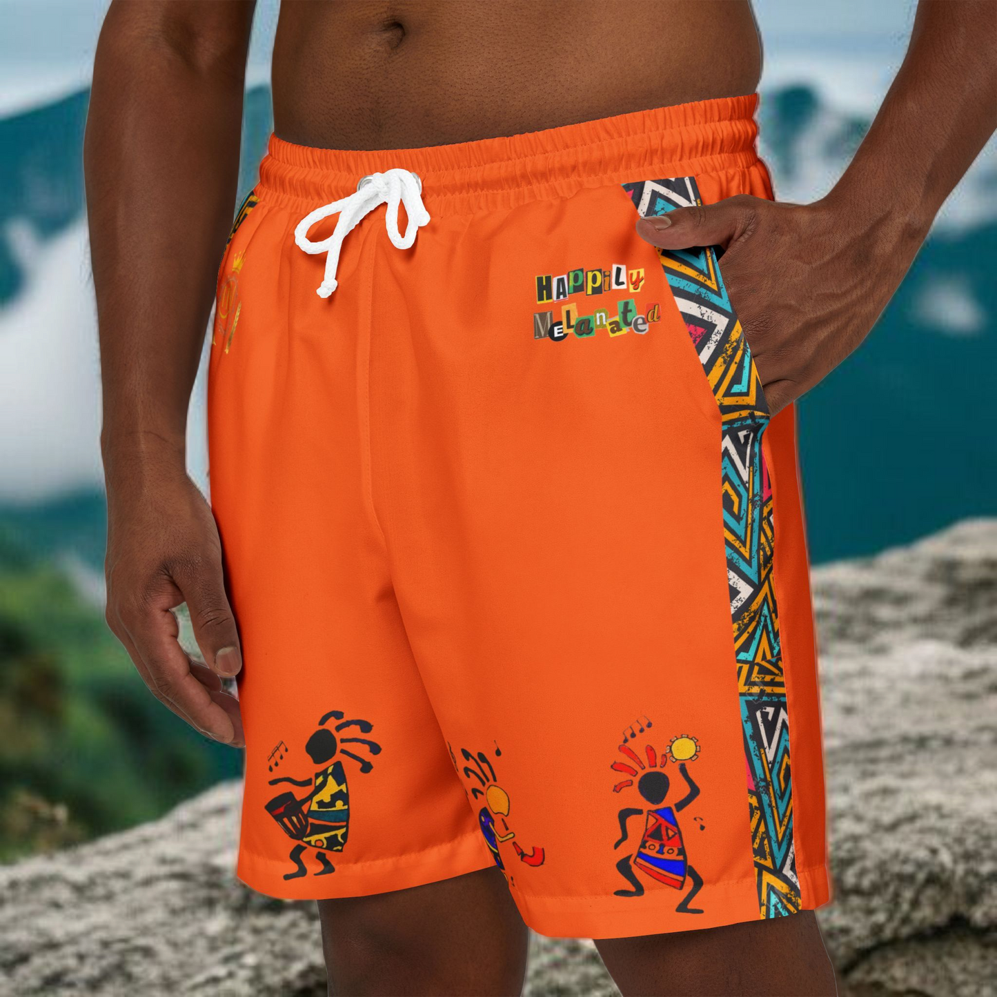 Unisex Afro Boho Swim Shorts with Colorful Tribal Prints, Summer Beachwear