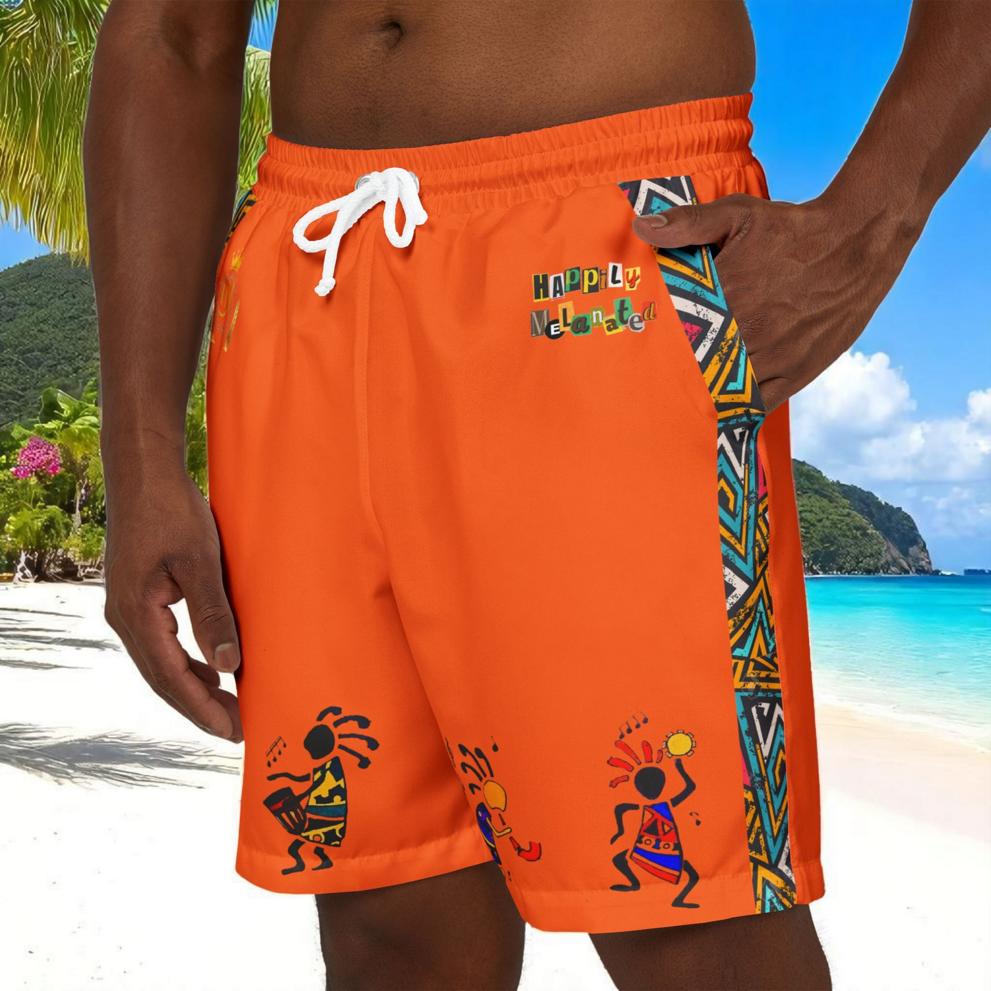 Unisex Afro Boho Swim Shorts with Colorful Tribal Prints, Summer Beachwear
