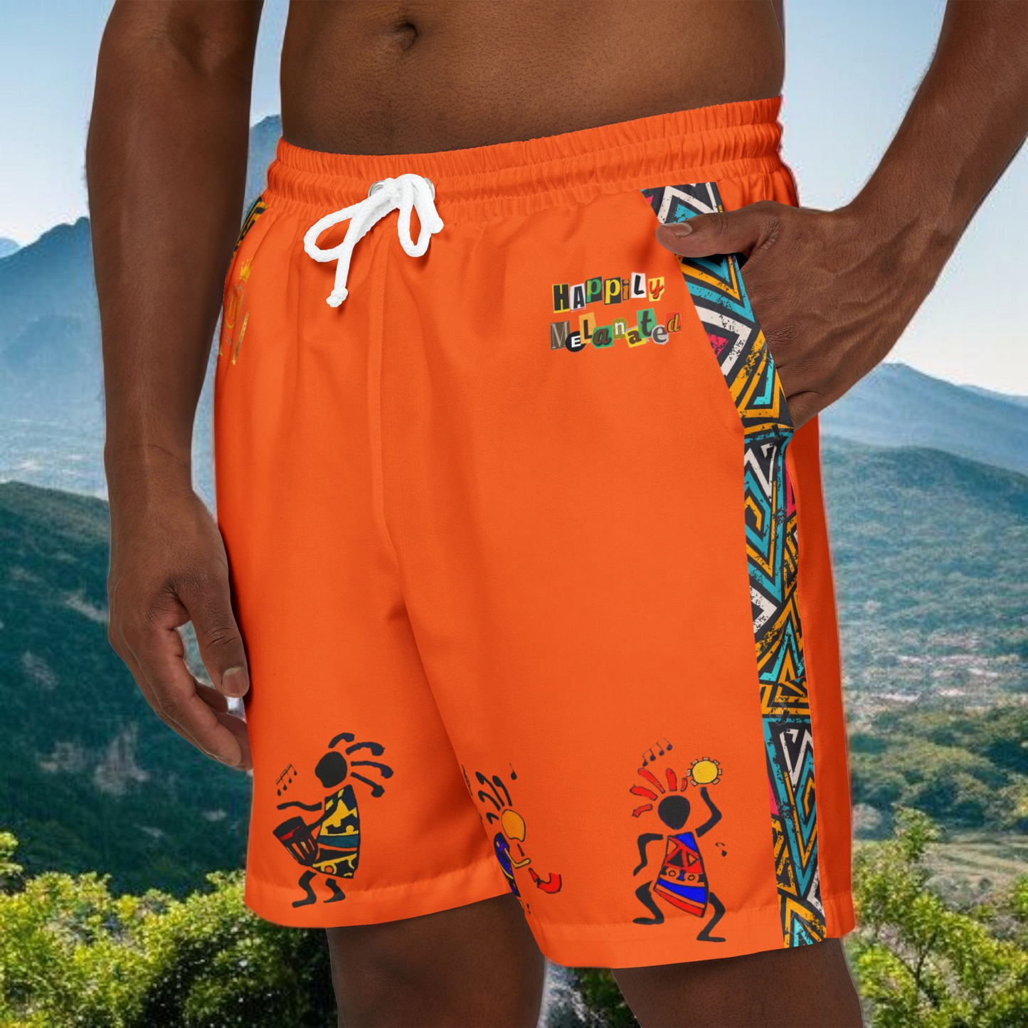 Unisex Afro Boho Swim Shorts with Colorful Tribal Prints, Summer Beachwear