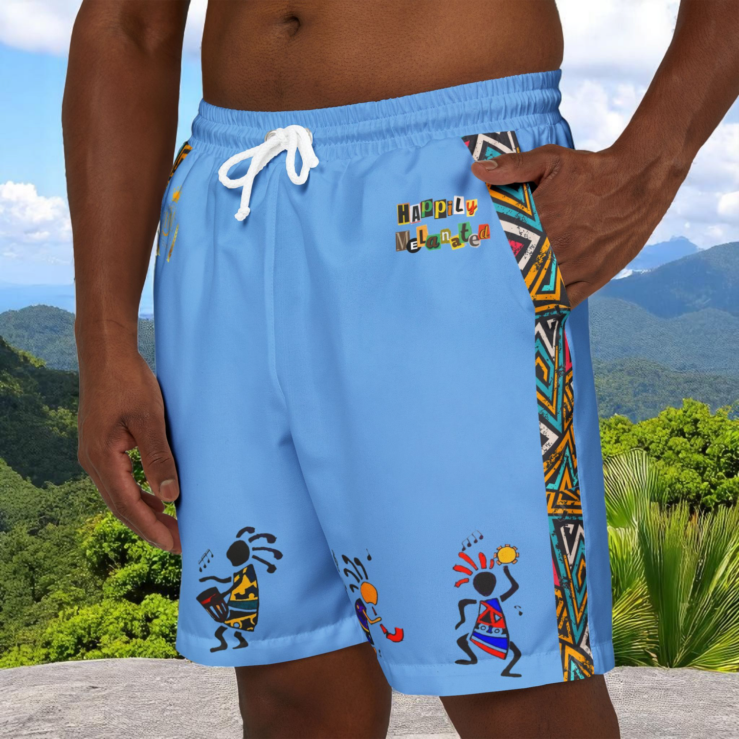 Unisex Swim Shorts with Colorful Tribal Prints, Summer Beachwear, Vacation Attire