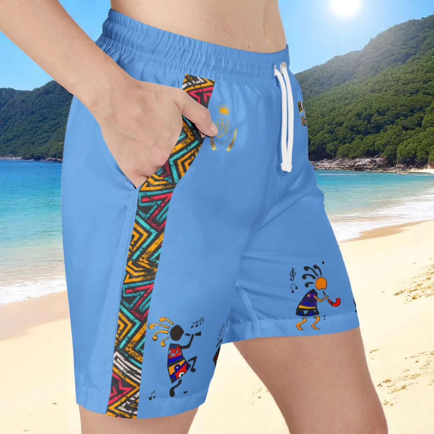 Unisex Swim Shorts with Colorful Tribal Prints, Summer Beachwear, Vacation Attire