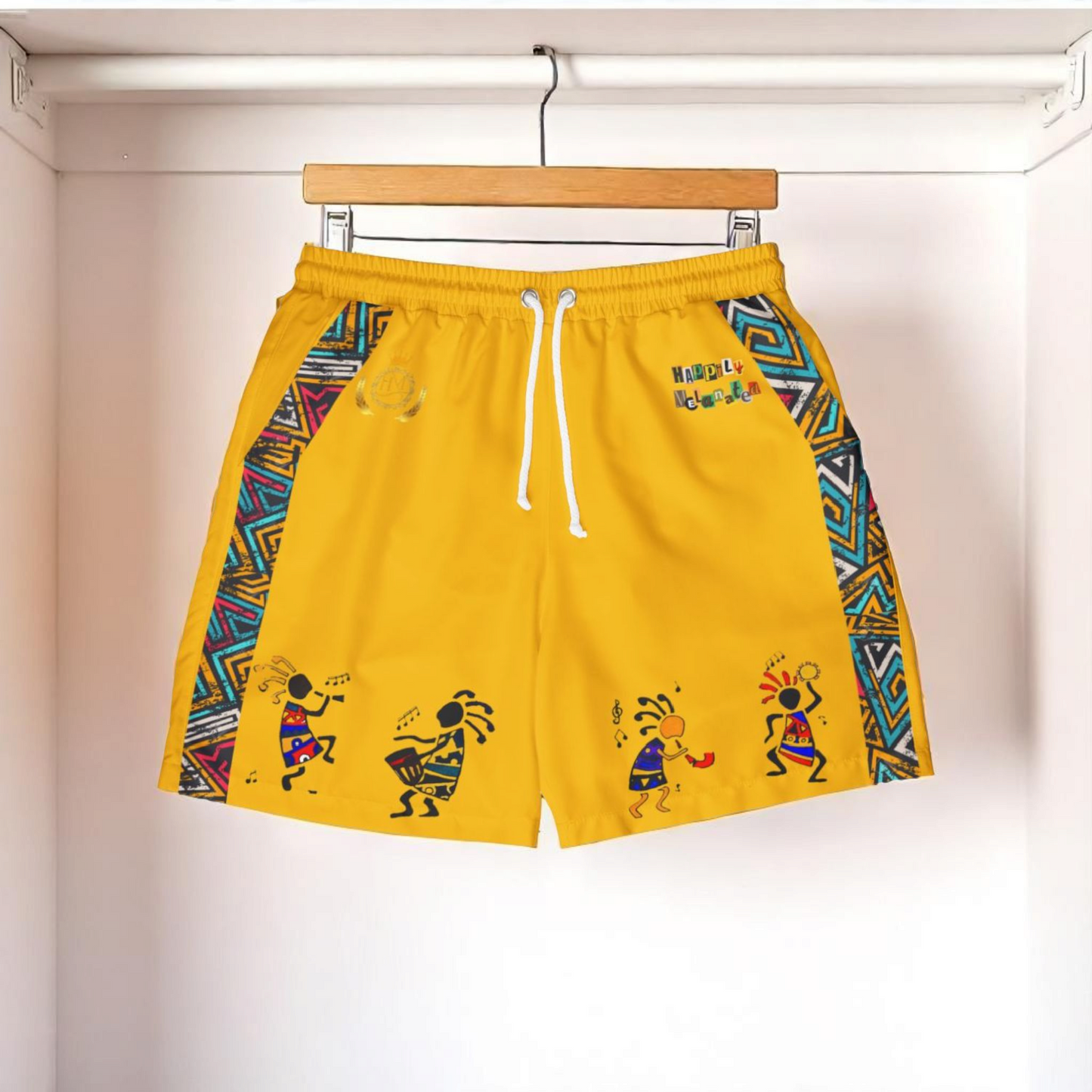 Unisex Afro Boho Swim Shorts with Colorful Tribal Prints, Summer Beachwear