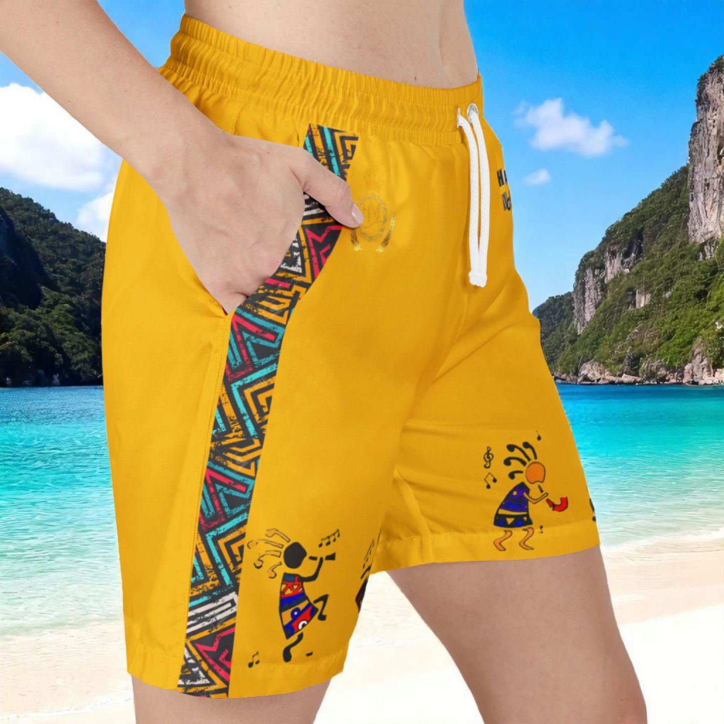 Unisex Afro Boho Swim Shorts with Colorful Tribal Prints, Summer Beachwear