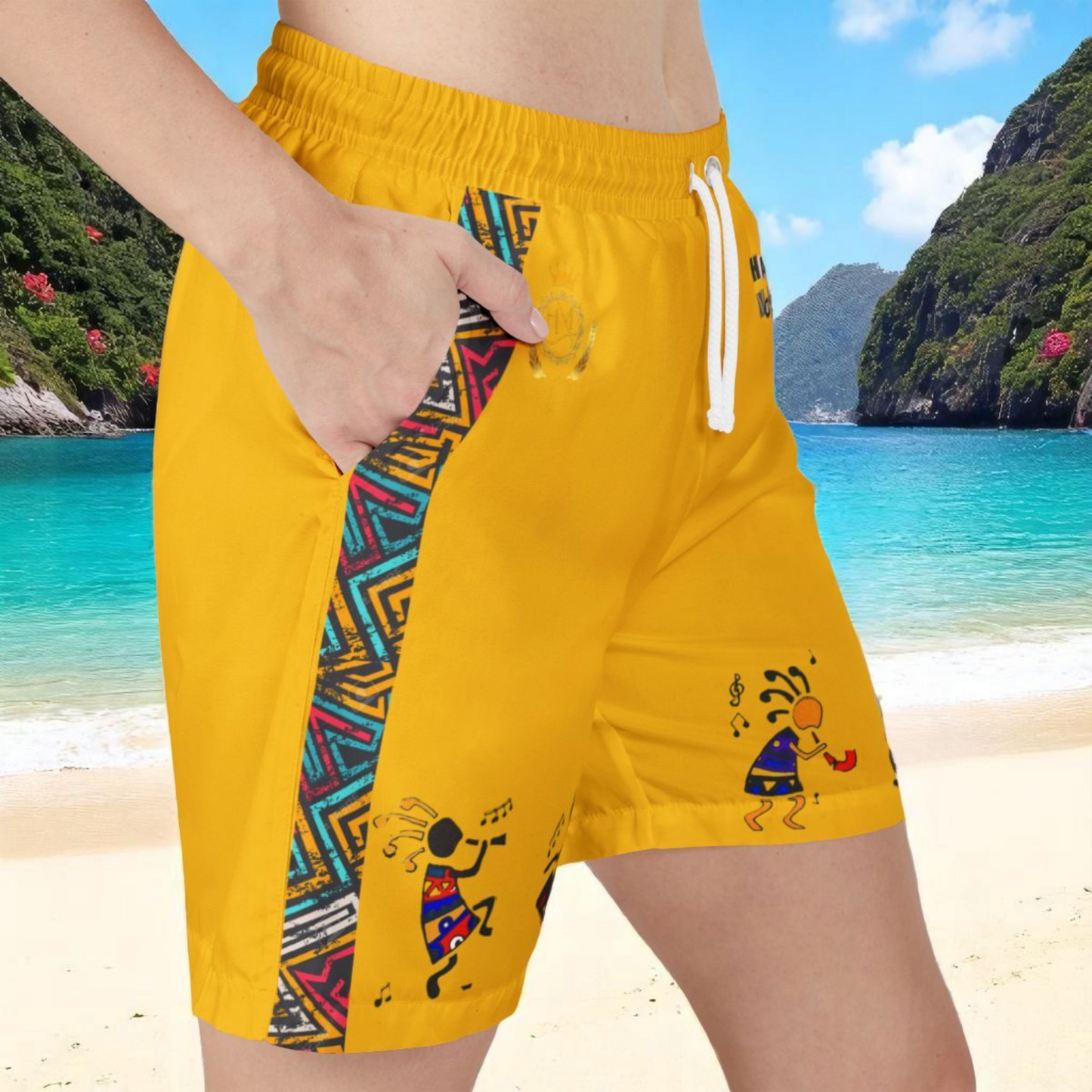 Unisex Afro Boho Swim Shorts with Colorful Tribal Prints, Summer Beachwear