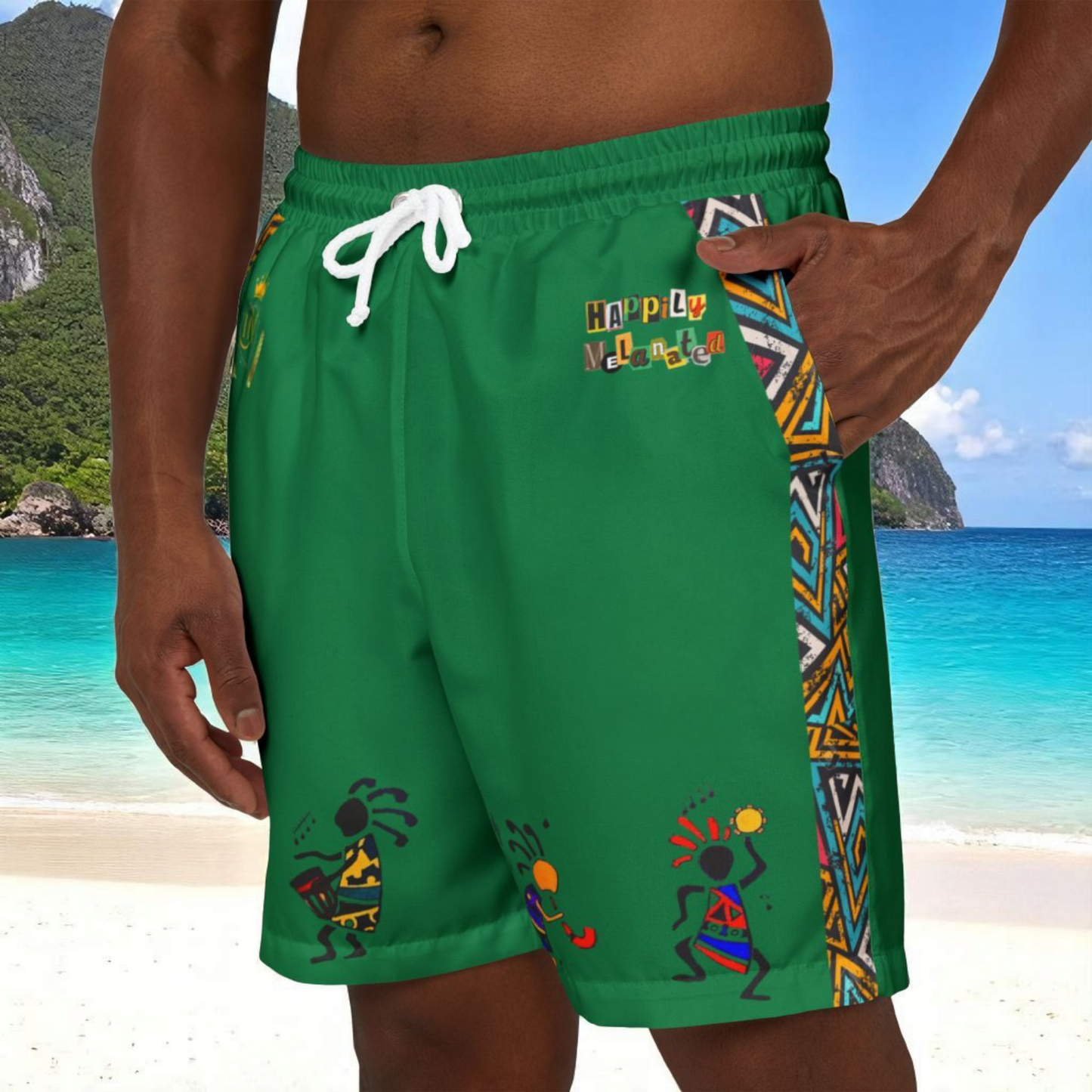 Unisex Afro Music Swim Shorts with Colorful Tribal Prints, Summer Beachwear