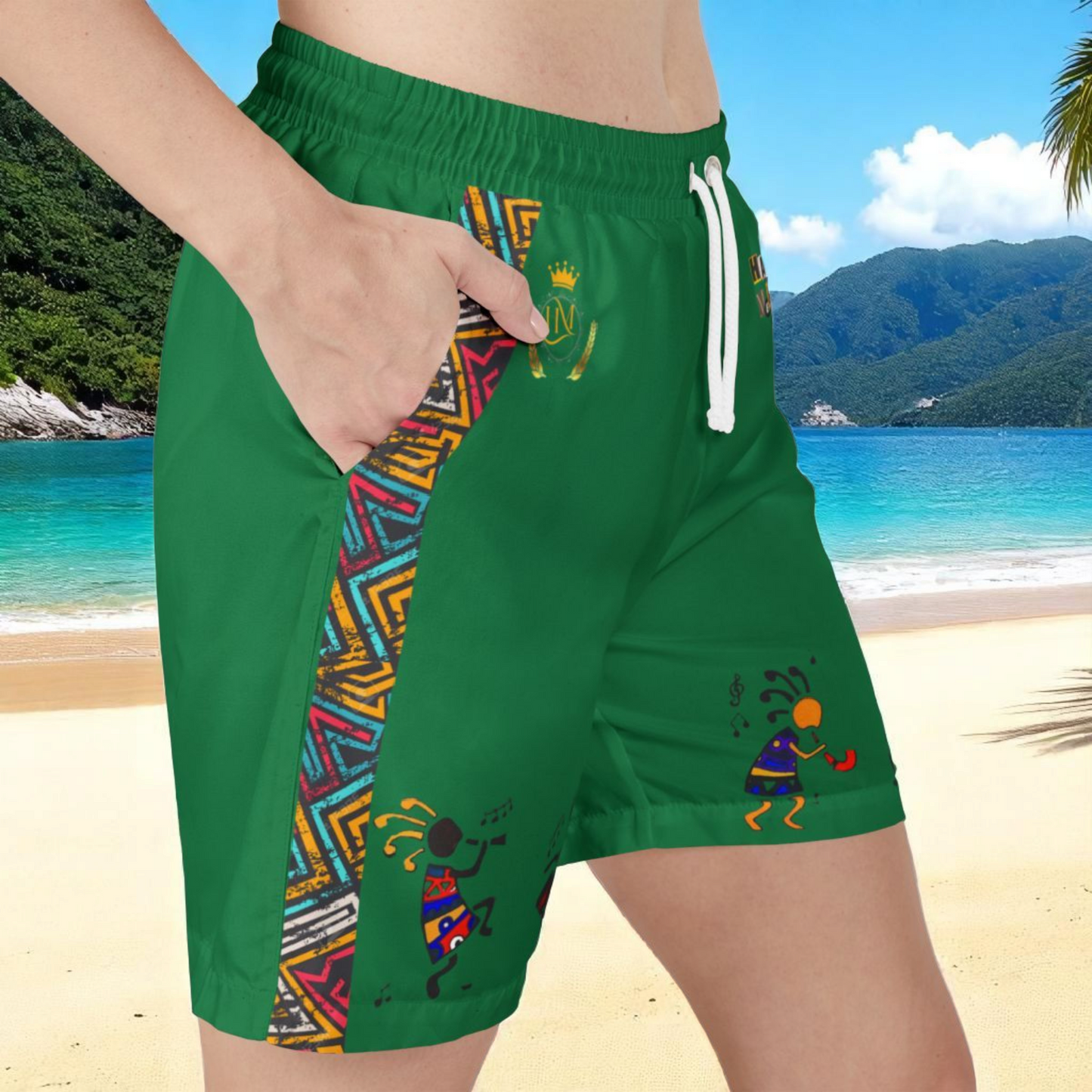 Unisex Afro Music Swim Shorts with Colorful Tribal Prints, Summer Beachwear