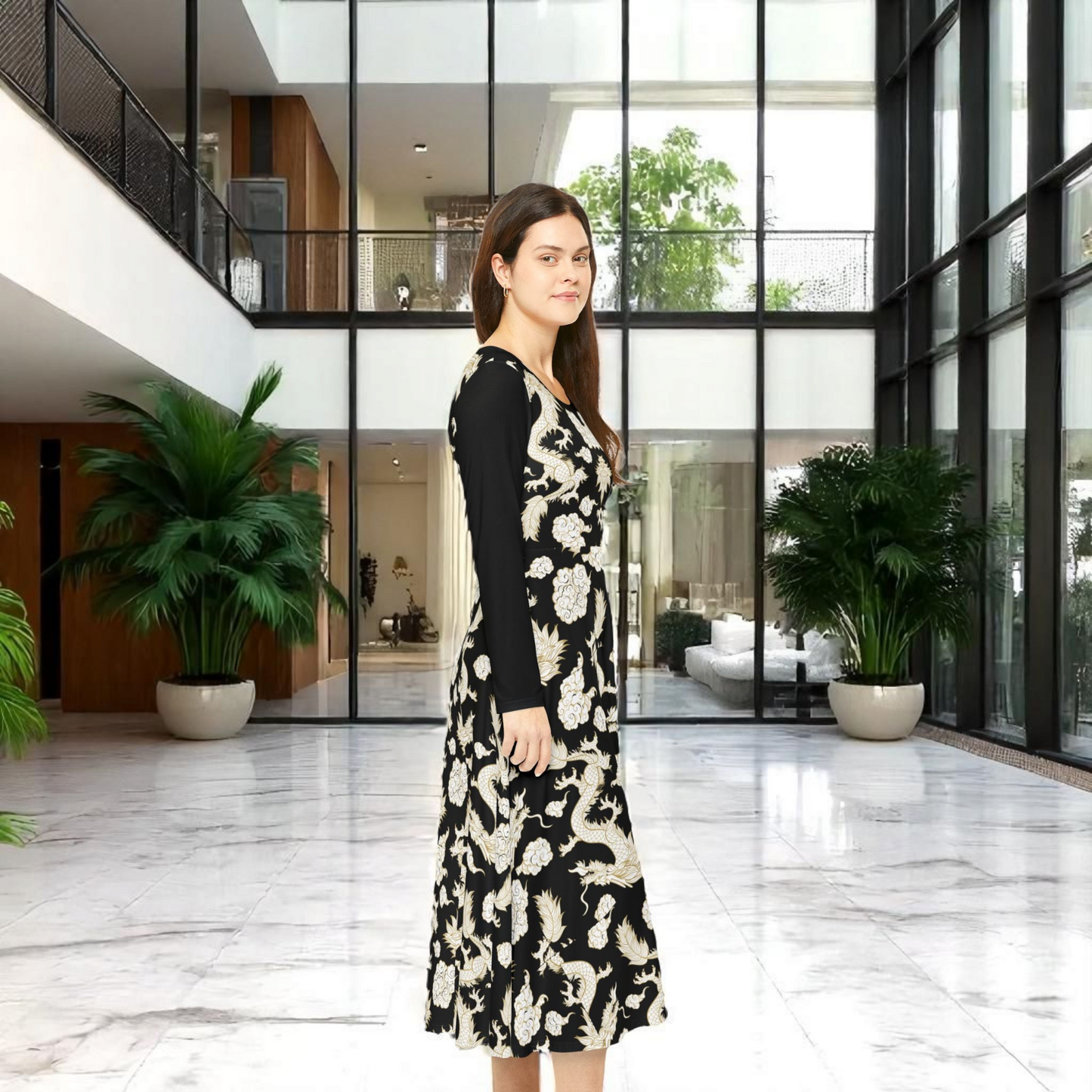 Beautiful Dragon Long Sleeve Dance Dress | Boho Style, Dance Wear, Vintage Inspired, Garden Party Dress, Mother’s Day Gift