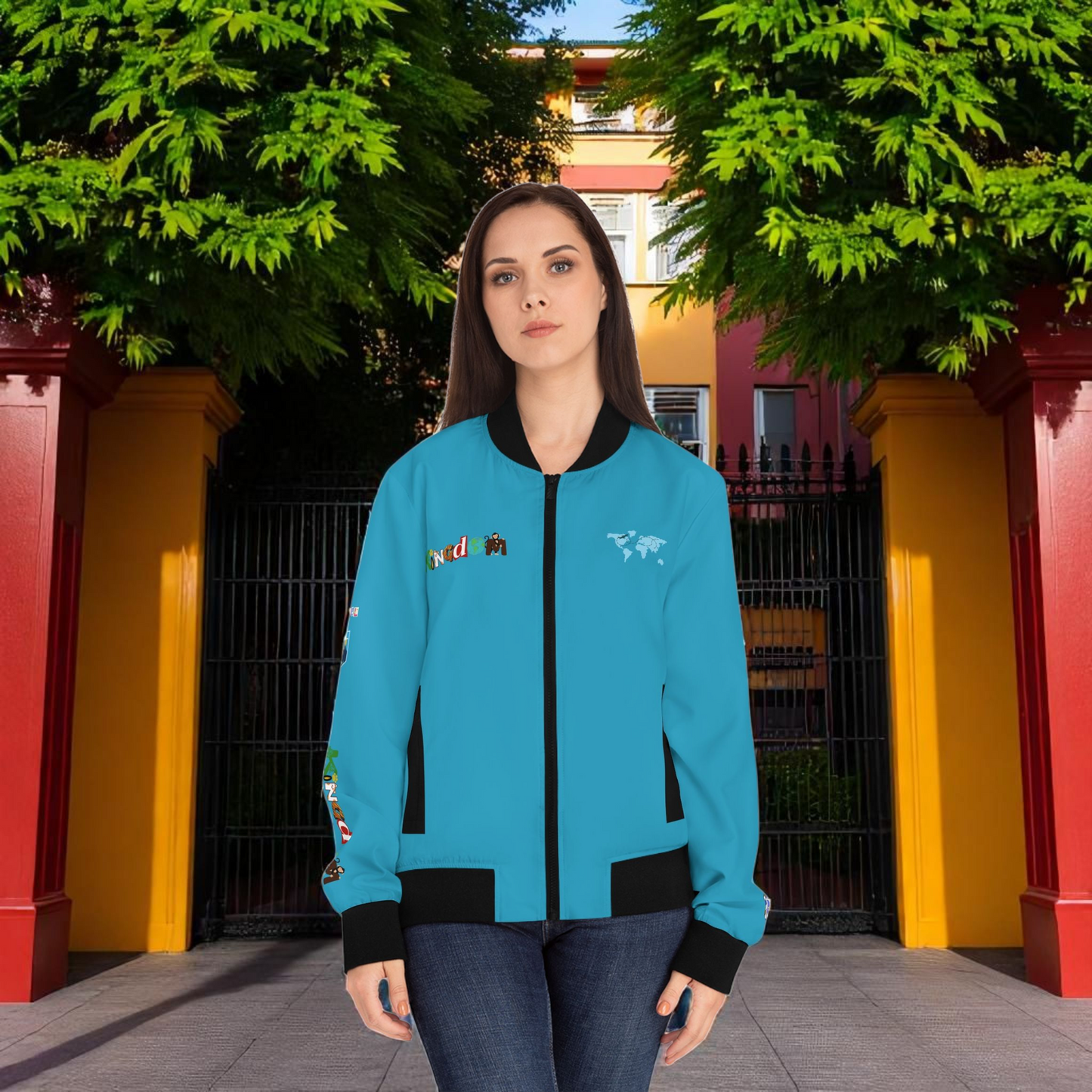Explorer Themed Graphic Women's Bomber Jacket - Travel Enthusiast Vacation Mode