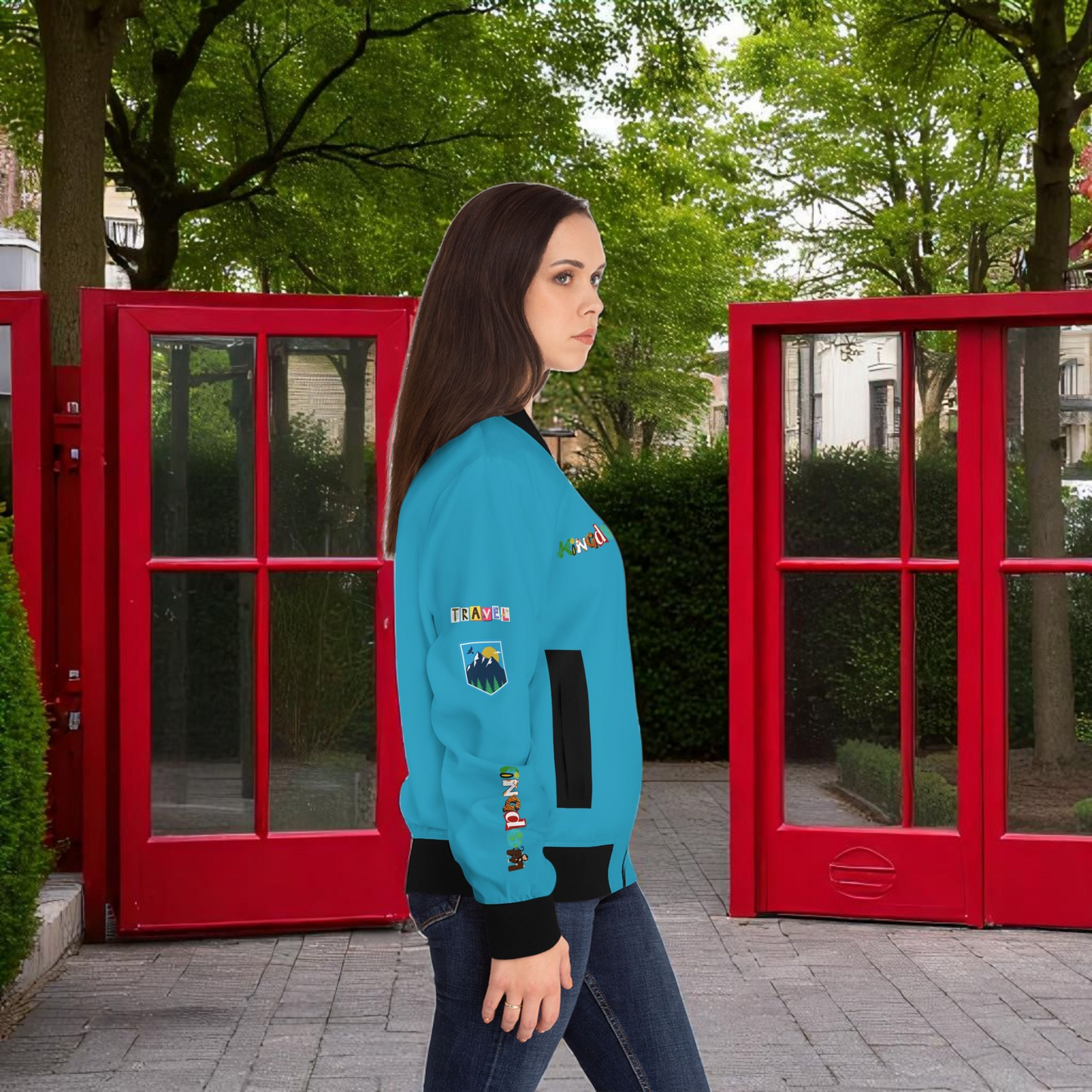 Explorer Themed Graphic Women's Bomber Jacket - Travel Enthusiast Vacation Mode