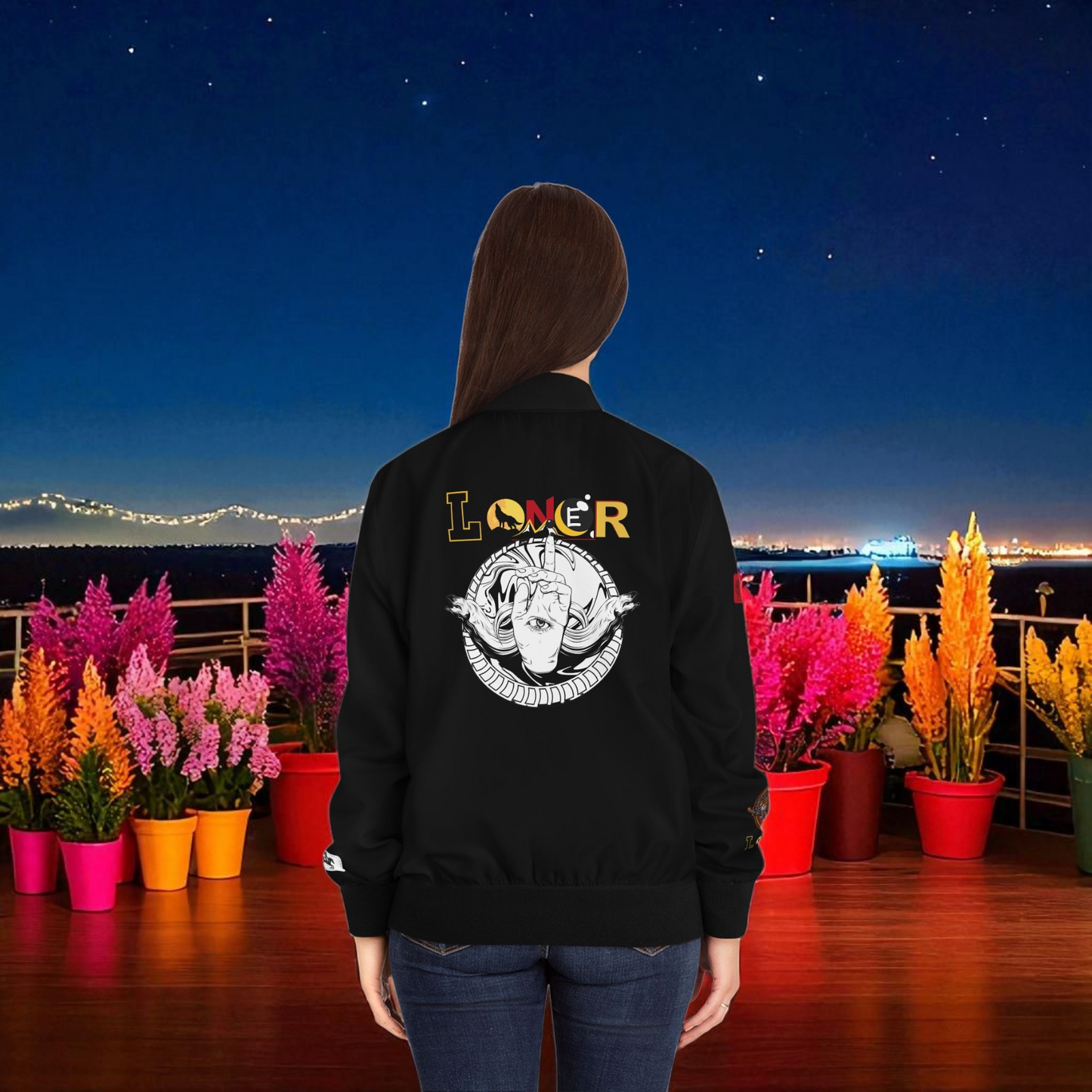 Gothic Bomber Jacket, Eye Art Women's Outerwear, Unique All Over Print Jacket