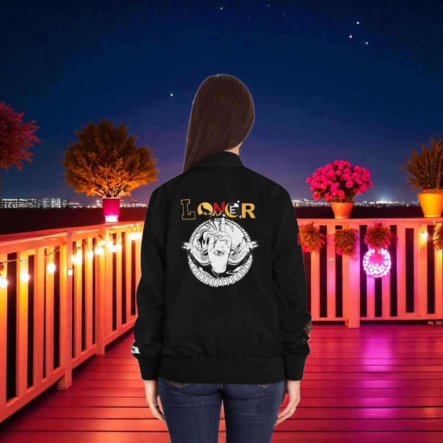 Gothic Bomber Jacket, Eye Art Women's Outerwear, Unique All Over Print Jacket