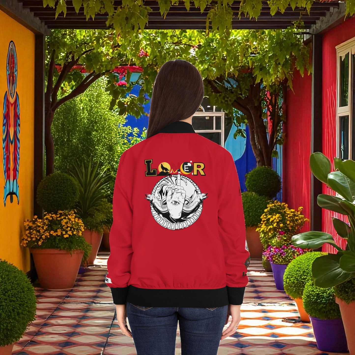 Gothic Bomber Jacket, Eye Art Women's Outerwear, Unique All Over Print Jacket