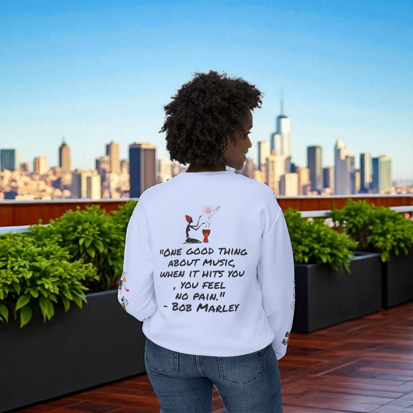 Hand-Drawn Afro Music Graphic Sweatshirt - Unisex Lightweight Crewneck, Music Lover Gift