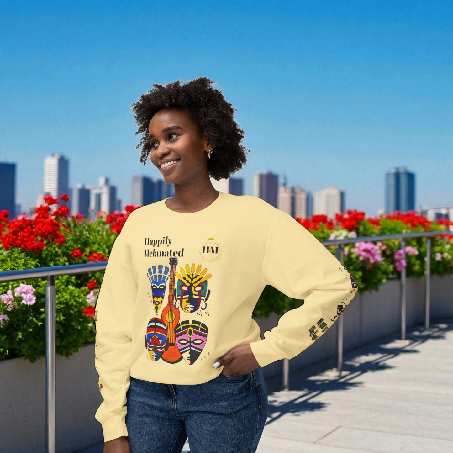 Hand-Drawn Afro Music Graphic Sweatshirt - Unisex Lightweight Crewneck, Music Lover Gift