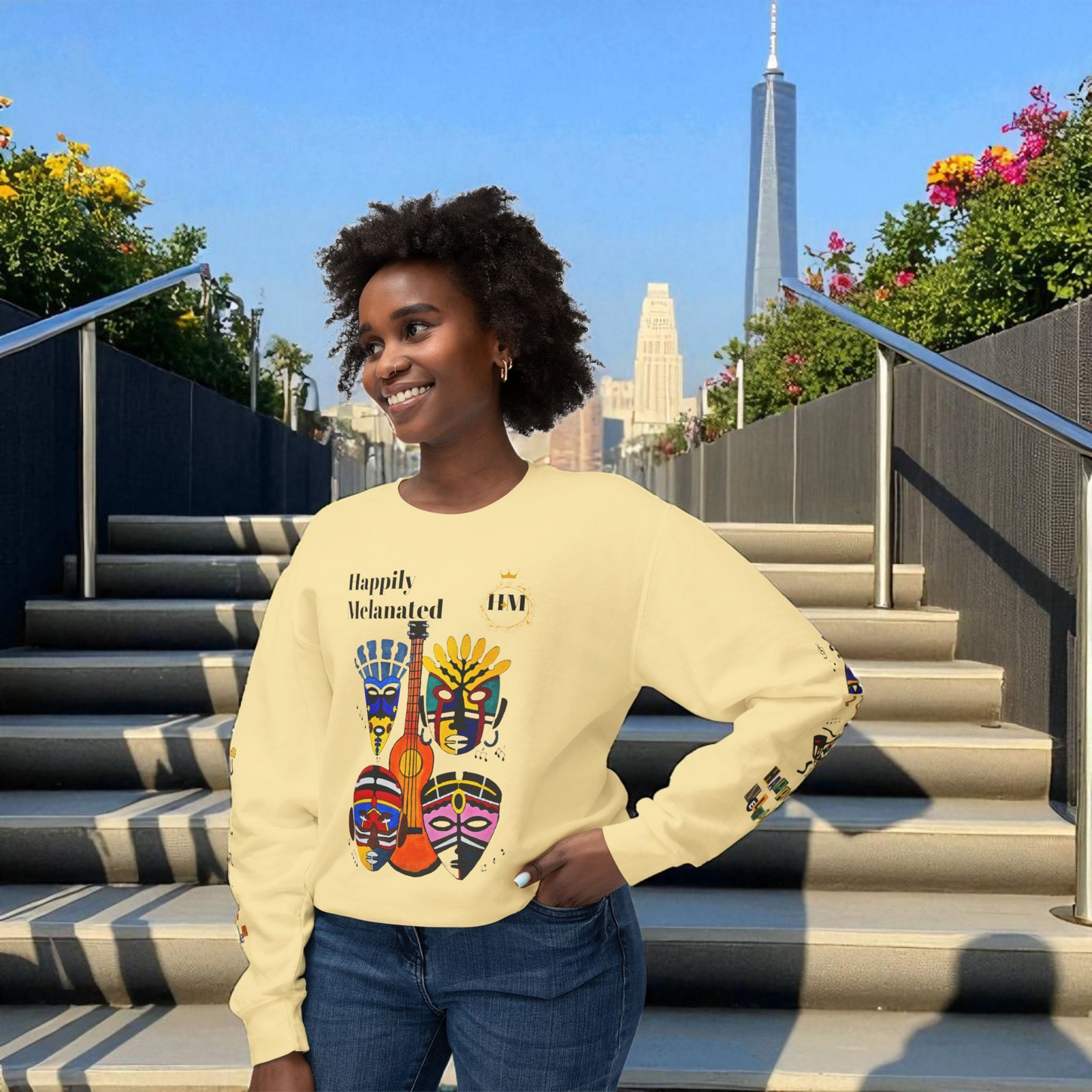 Hand-Drawn Afro Music Graphic Sweatshirt - Unisex Lightweight Crewneck, Music Lover Gift