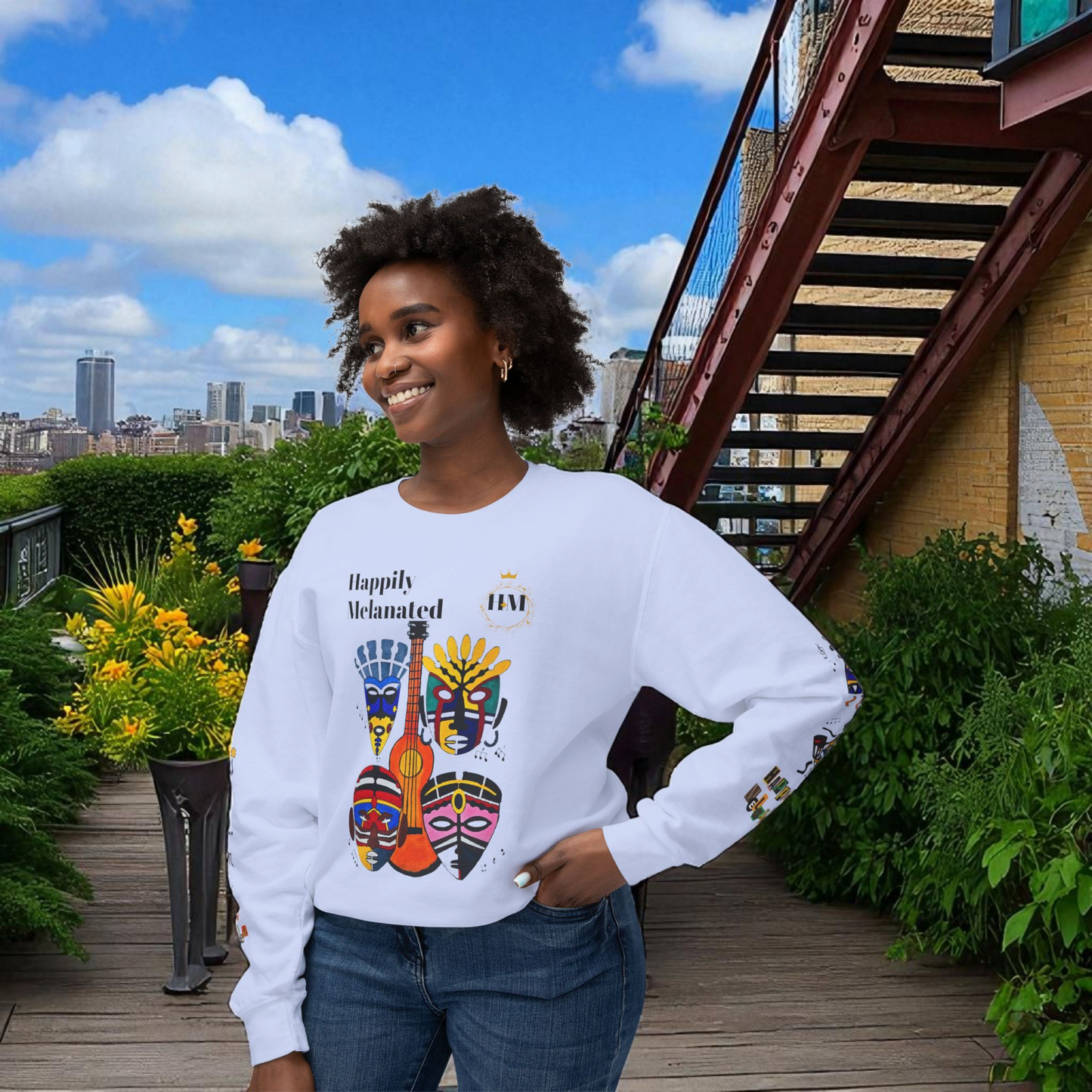 Hand-Drawn Afro Music Graphic Sweatshirt - Unisex Lightweight Crewneck, Music Lover Gift