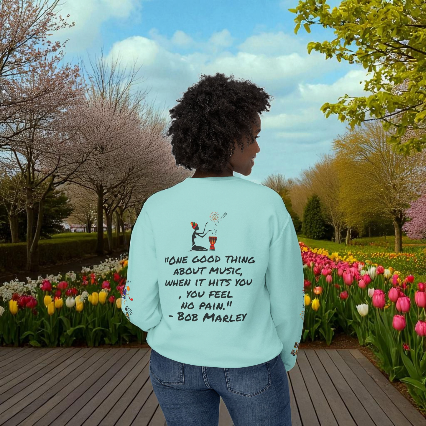 Hand-Drawn Afro Music Graphic Sweatshirt - Unisex Lightweight Crewneck, Music Lover Gift