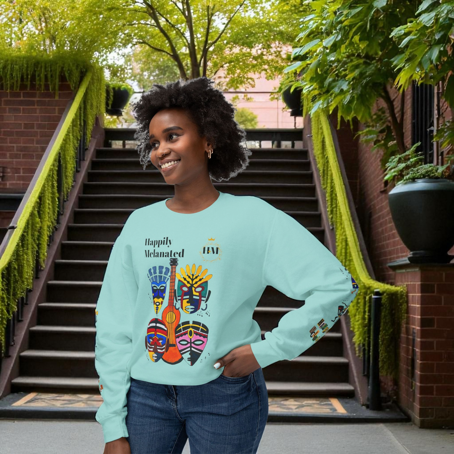 Hand-Drawn Afro Music Graphic Sweatshirt - Unisex Lightweight Crewneck, Music Lover Gift