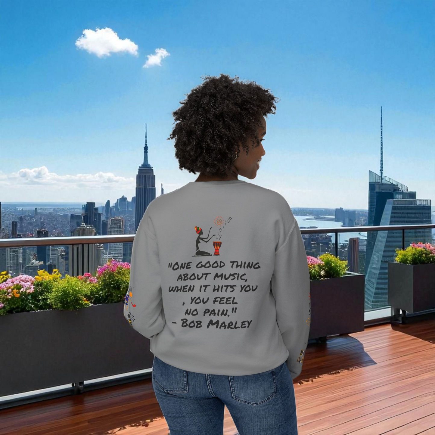 Hand-Drawn Afro Music Graphic Sweatshirt - Unisex Lightweight Crewneck