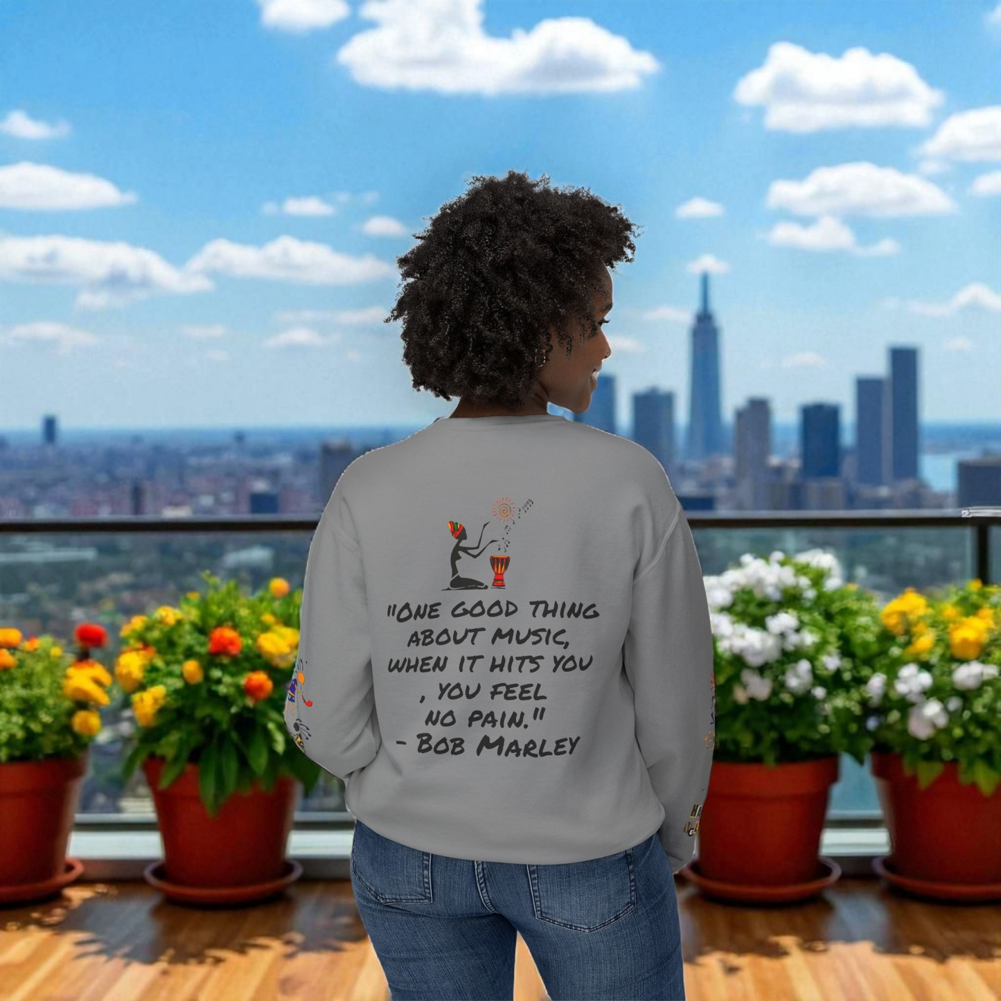 Hand-Drawn Afro Music Graphic Sweatshirt - Unisex Lightweight Crewneck