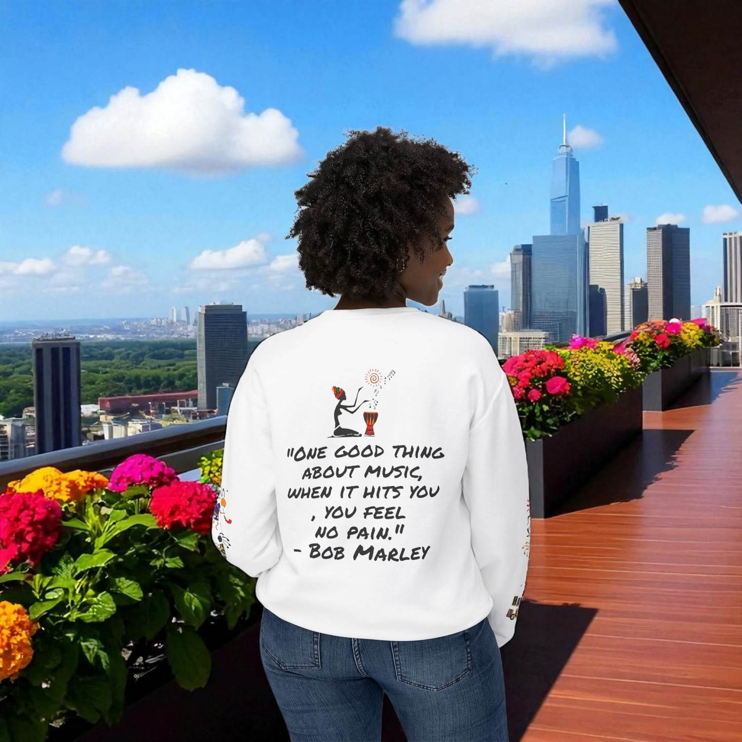 Hand-Drawn Afro Music Graphic Sweatshirt - Unisex Lightweight Crewneck