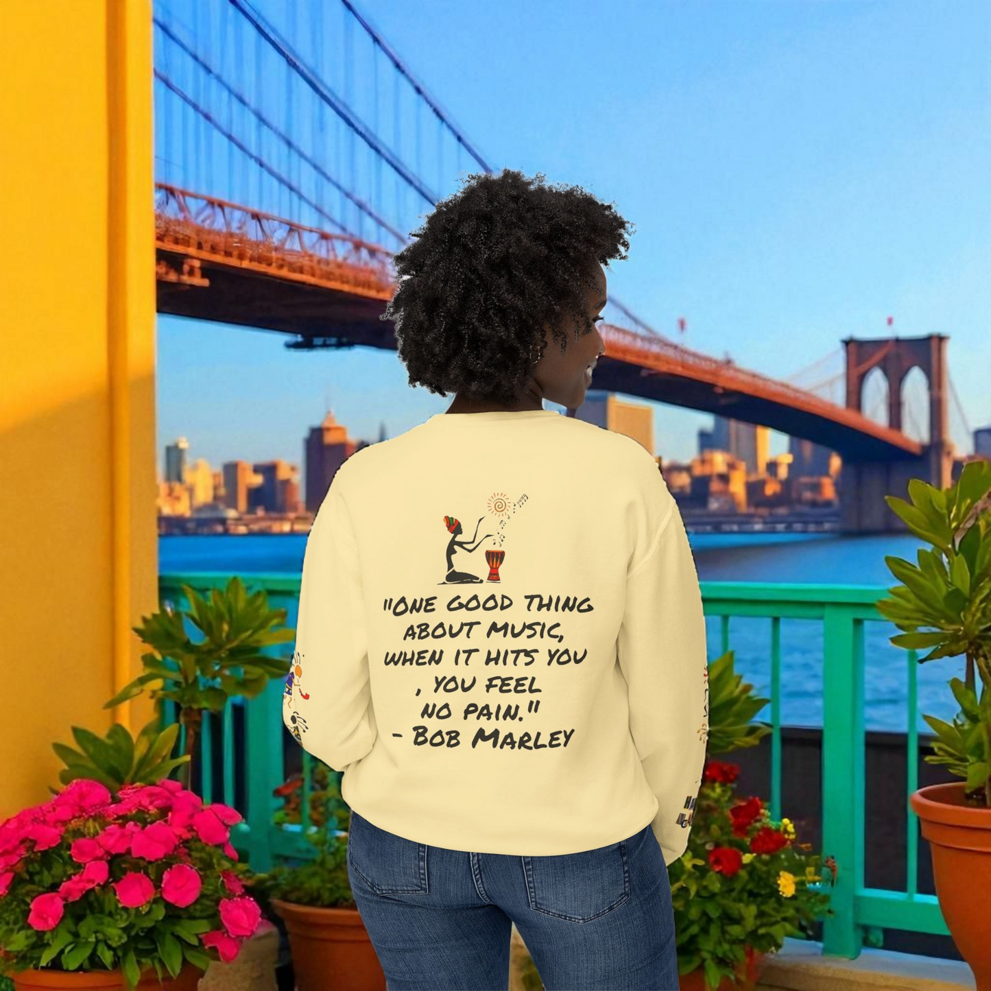 Hand-Drawn Afro Music Graphic Sweatshirt - Unisex Lightweight Crewneck