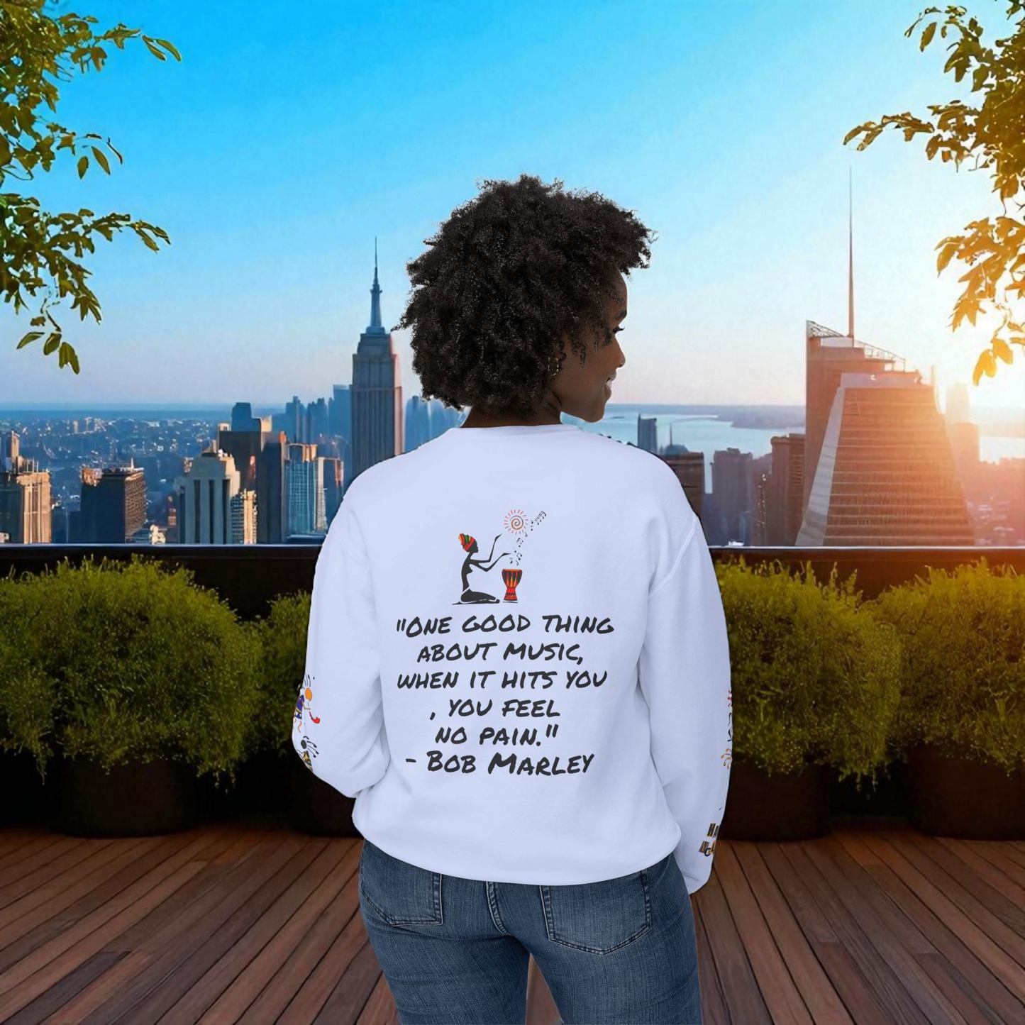 Hand-Drawn Afro Music Graphic Sweatshirt - Unisex Lightweight Crewneck