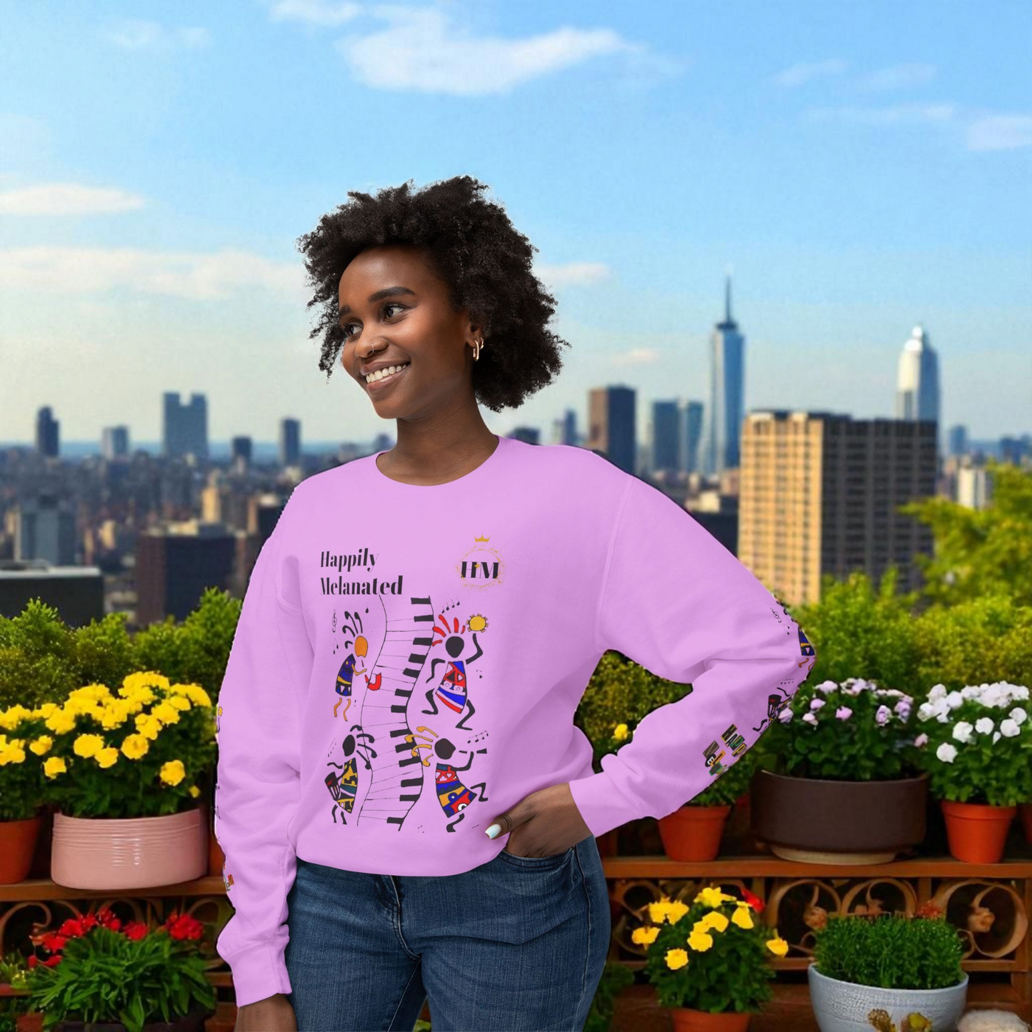 Hand-Drawn Afro Music Graphic Sweatshirt - Unisex Lightweight Crewneck