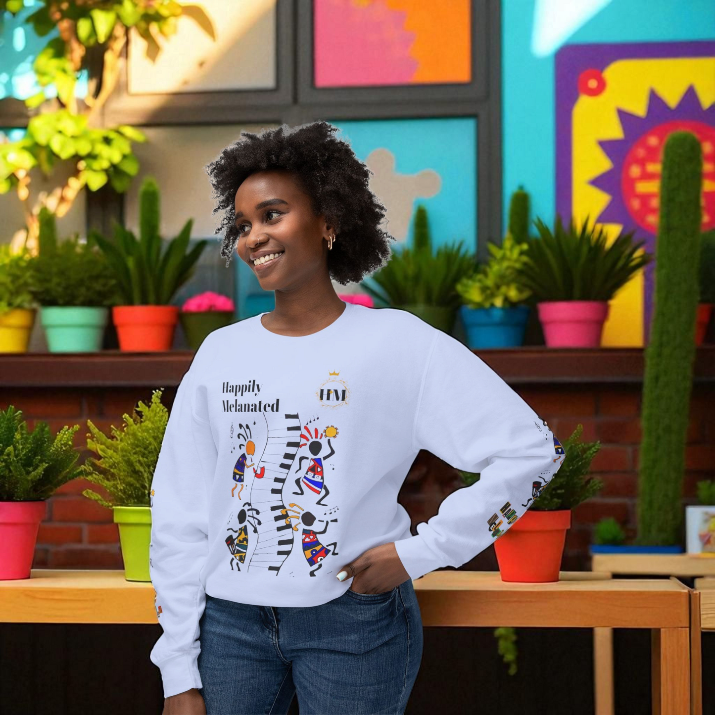 Hand-Drawn Afro Music Graphic Sweatshirt - Unisex Lightweight Crewneck