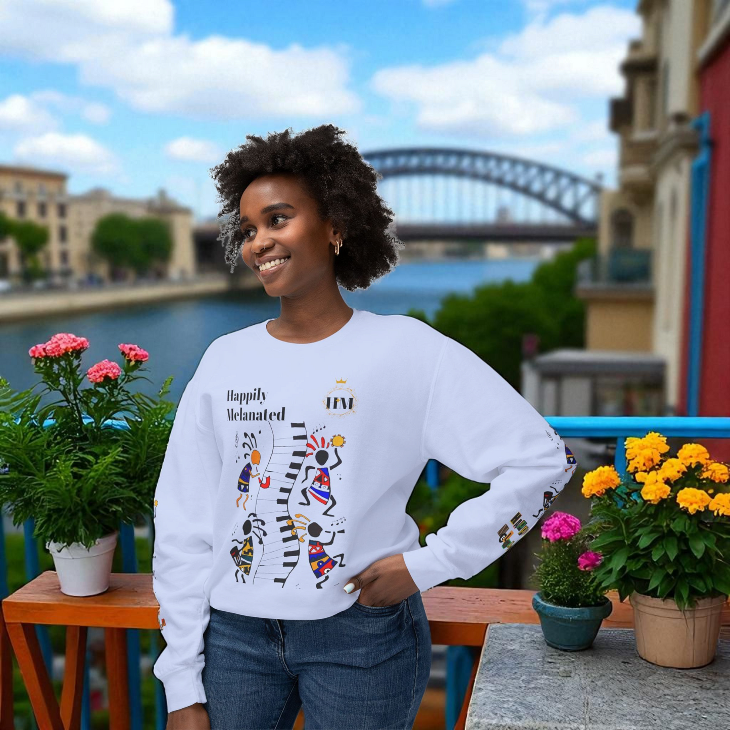 Hand-Drawn Afro Music Graphic Sweatshirt - Unisex Lightweight Crewneck