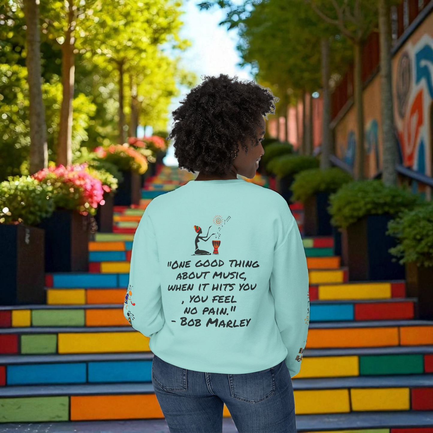 Hand-Drawn Afro Music Graphic Sweatshirt - Unisex Lightweight Crewneck