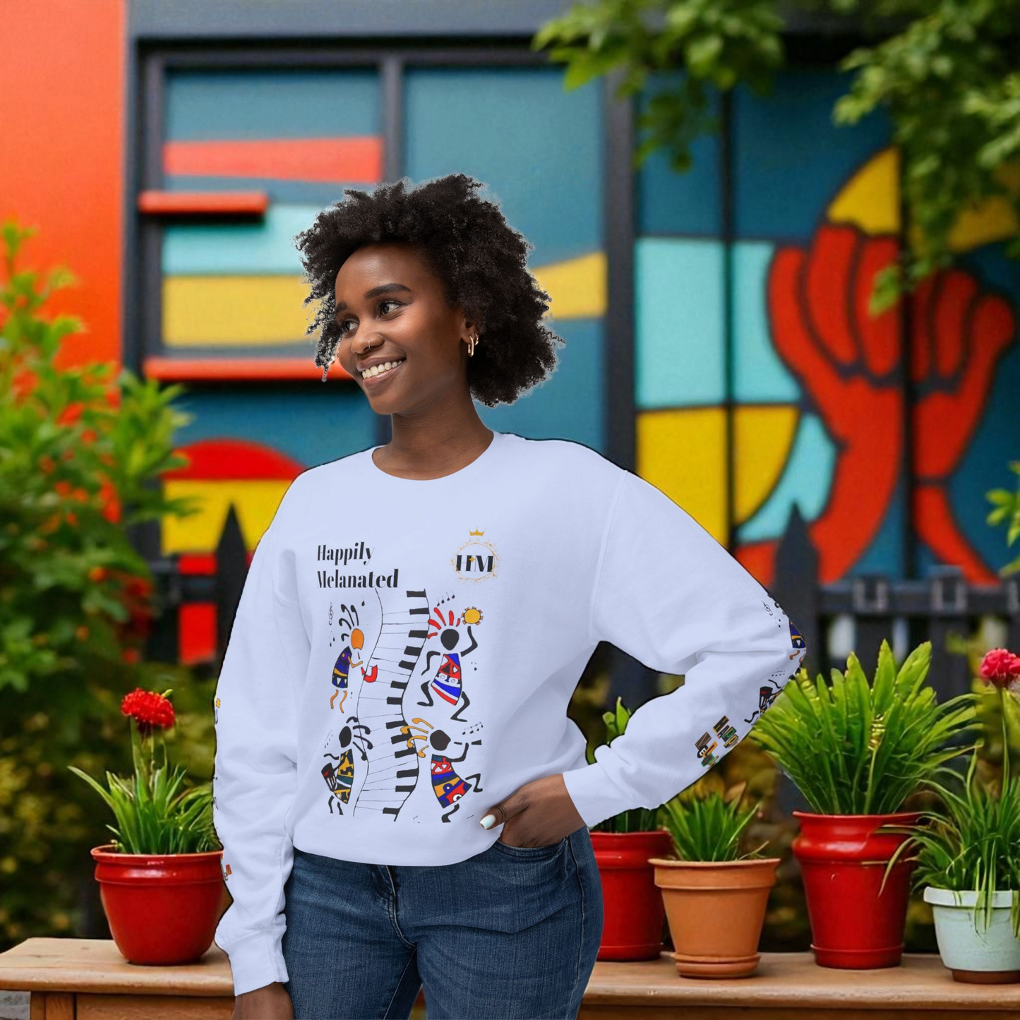 Hand-Drawn Afro Music Graphic Sweatshirt - Unisex Lightweight Crewneck