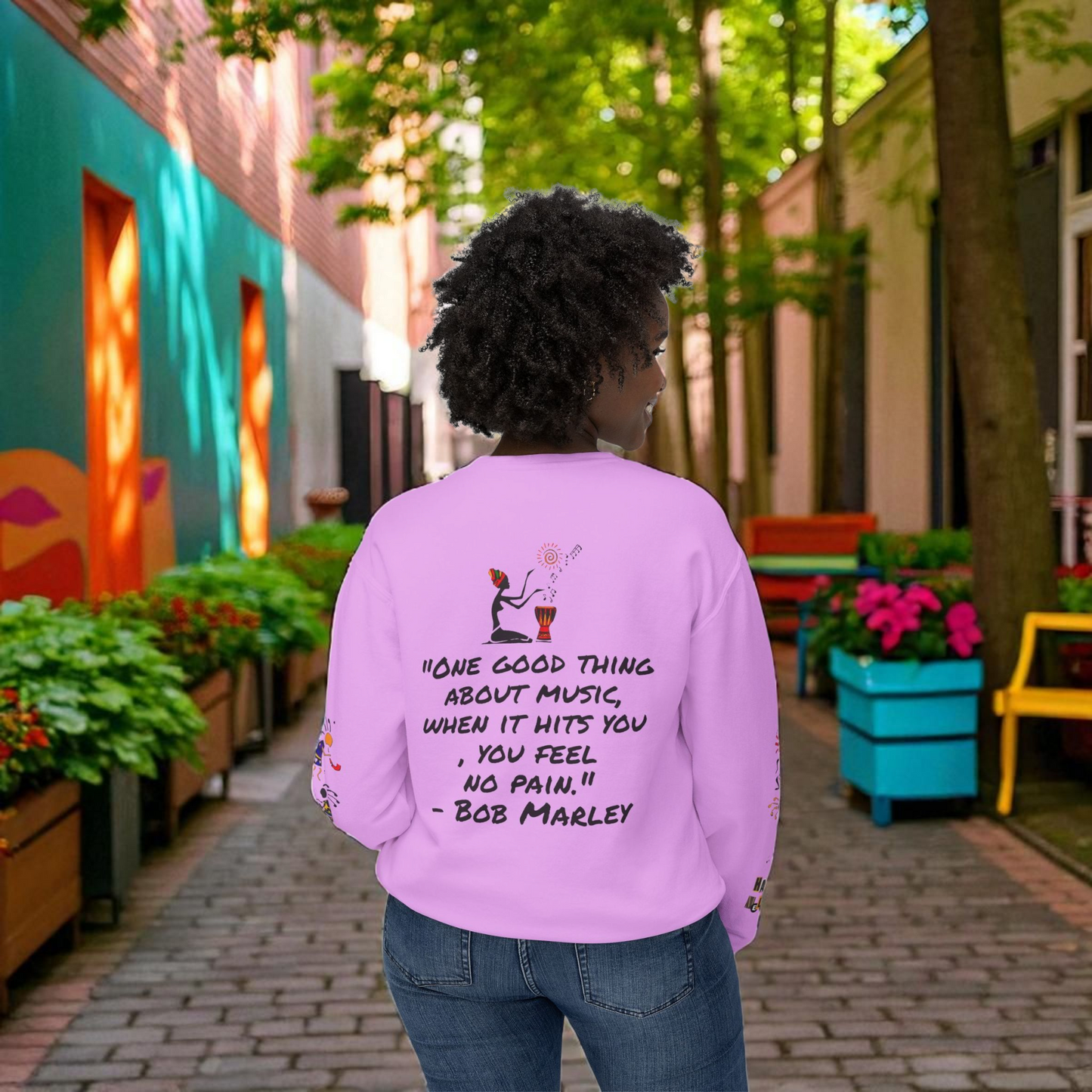 Hand-Drawn Afro Music Graphic Sweatshirt - Unisex Lightweight Crewneck