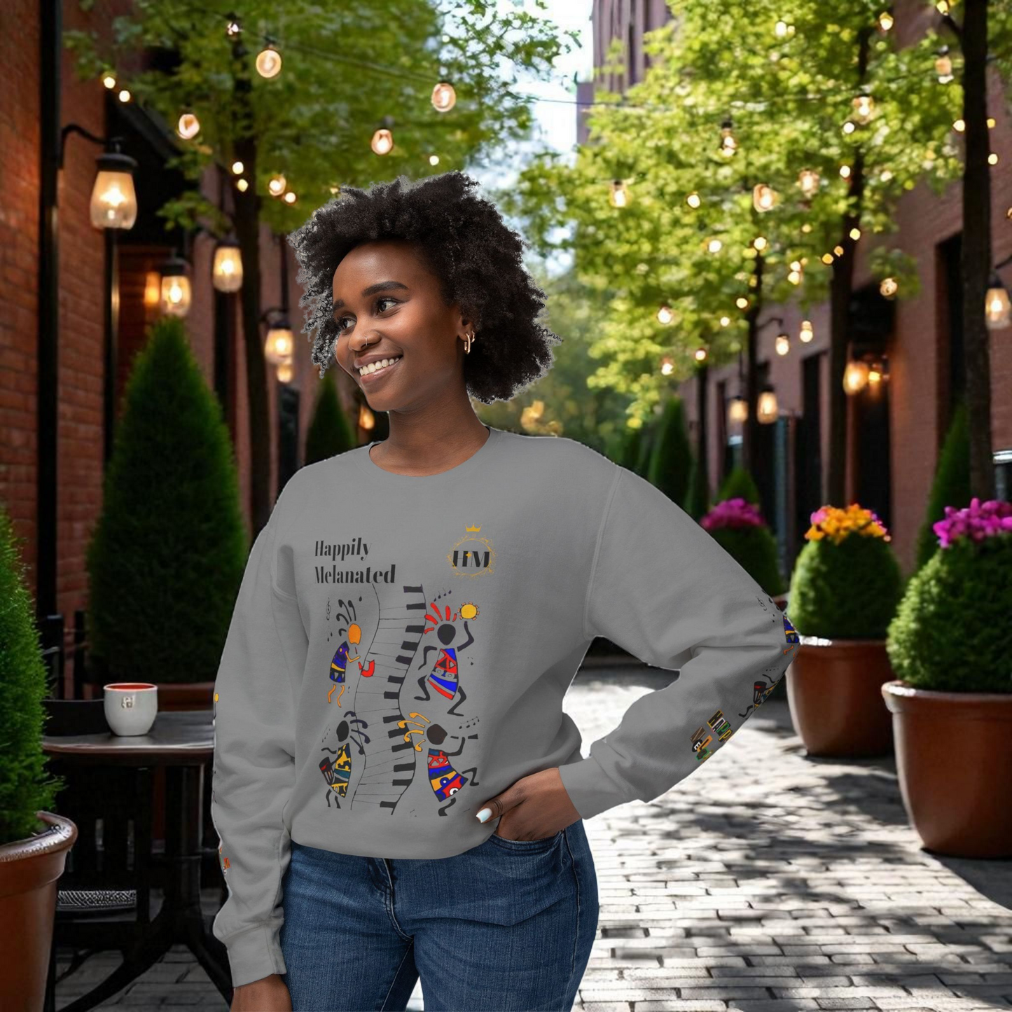 Hand-Drawn Afro Music Graphic Sweatshirt - Unisex Lightweight Crewneck