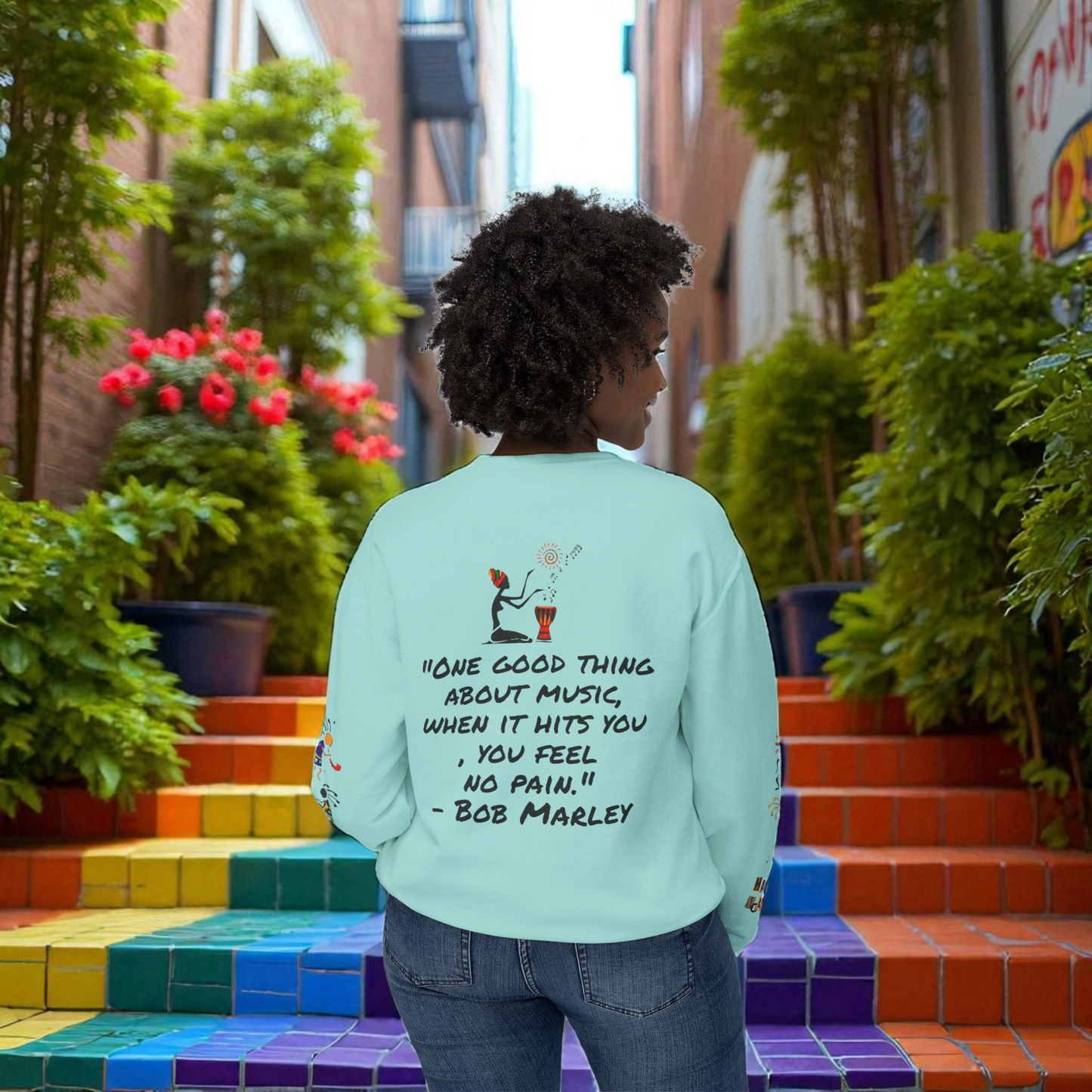 Hand-Drawn Afro Music Graphic Sweatshirt - Unisex Lightweight Crewneck