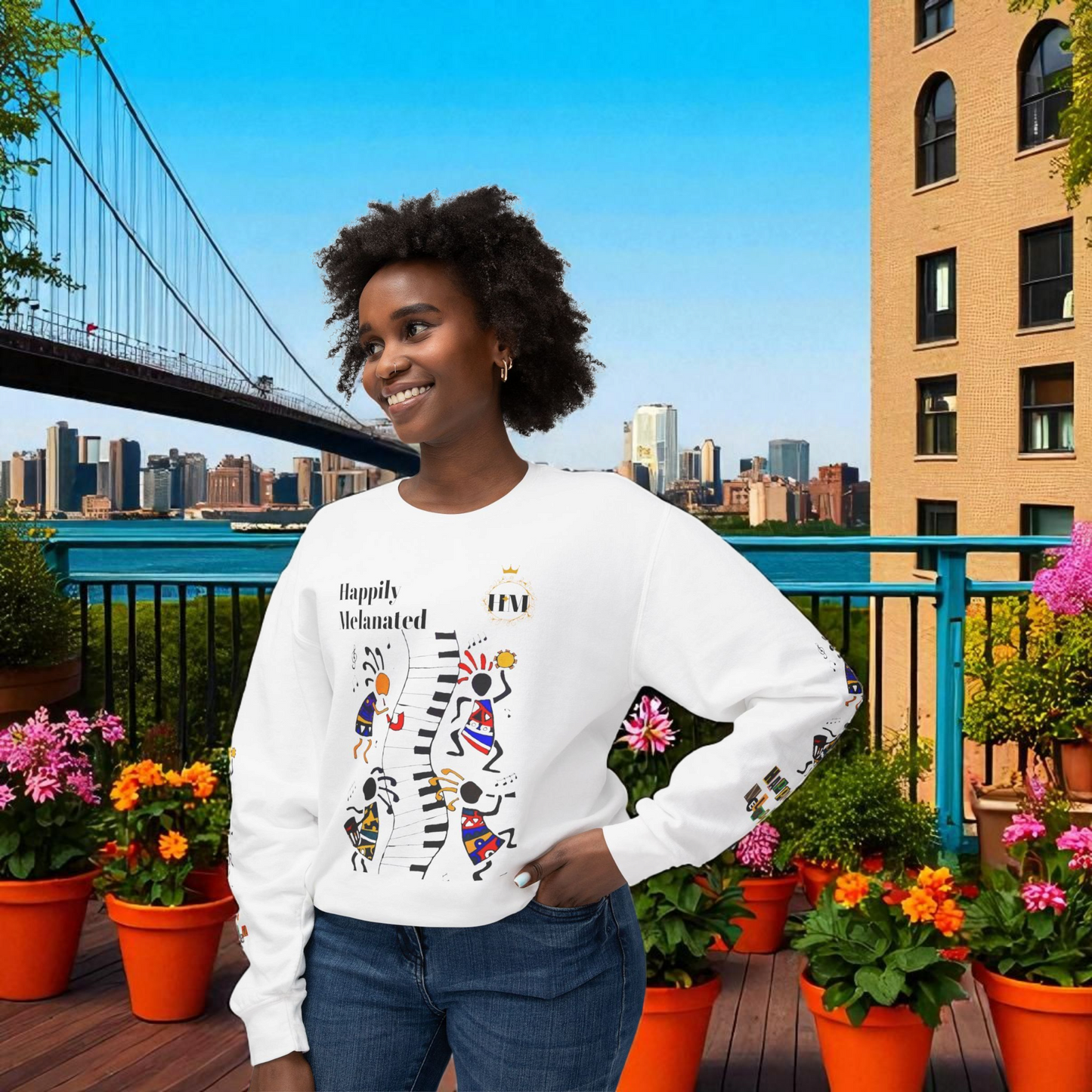 Hand-Drawn Afro Music Graphic Sweatshirt - Unisex Lightweight Crewneck