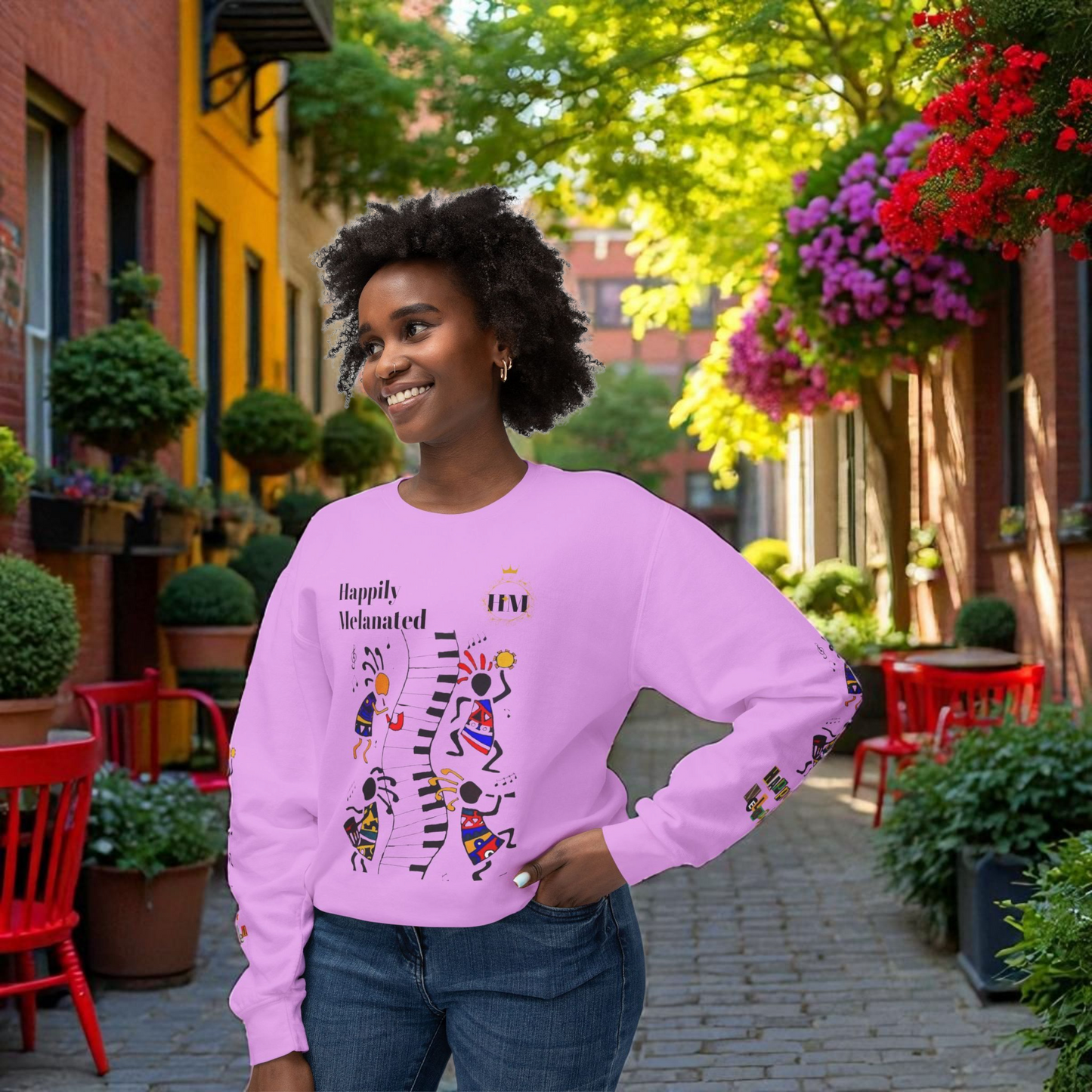 Hand-Drawn Afro Music Graphic Sweatshirt - Unisex Lightweight Crewneck