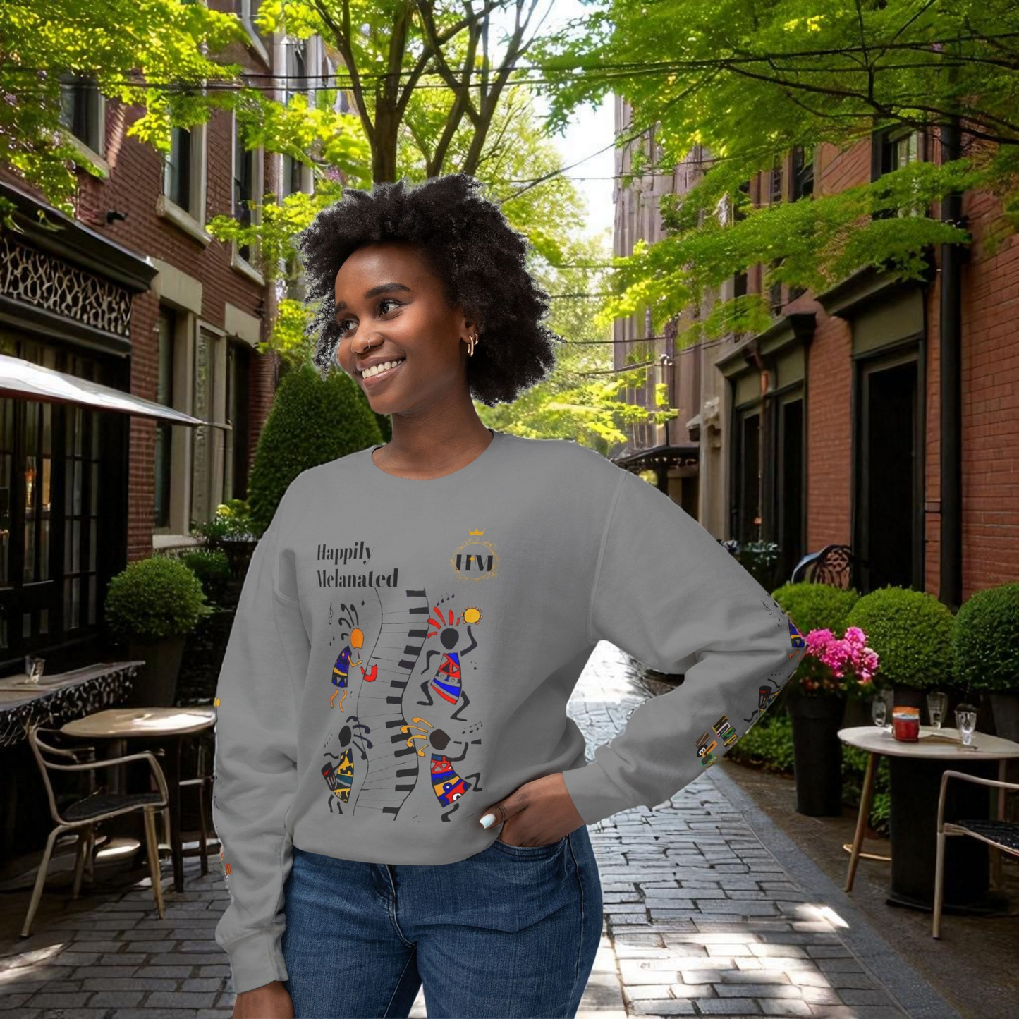 Hand-Drawn Afro Music Graphic Sweatshirt - Unisex Lightweight Crewneck