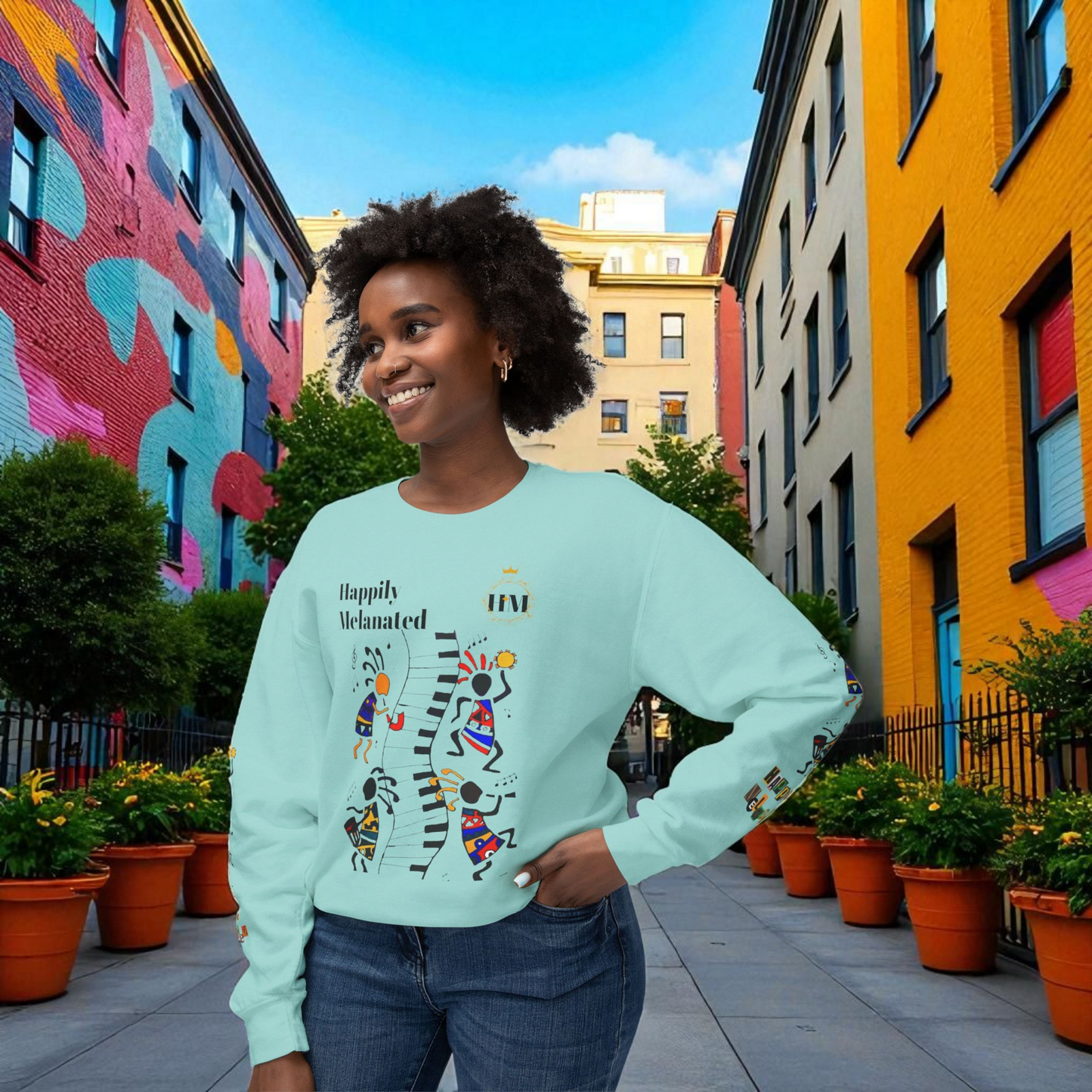 Hand-Drawn Afro Music Graphic Sweatshirt - Unisex Lightweight Crewneck