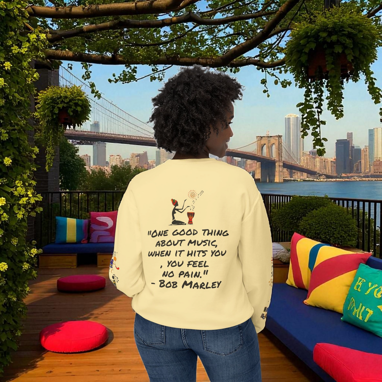 Hand-Drawn Afro Music Graphic Sweatshirt - Unisex Lightweight Crewneck