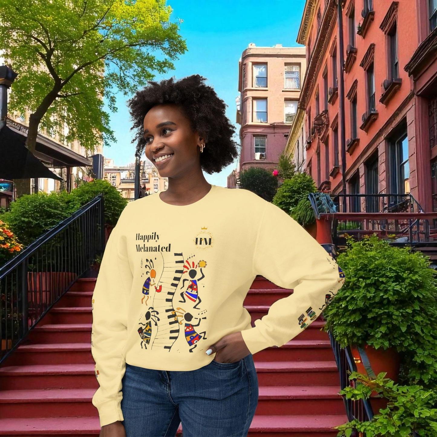 Hand-Drawn Afro Music Graphic Sweatshirt - Unisex Lightweight Crewneck