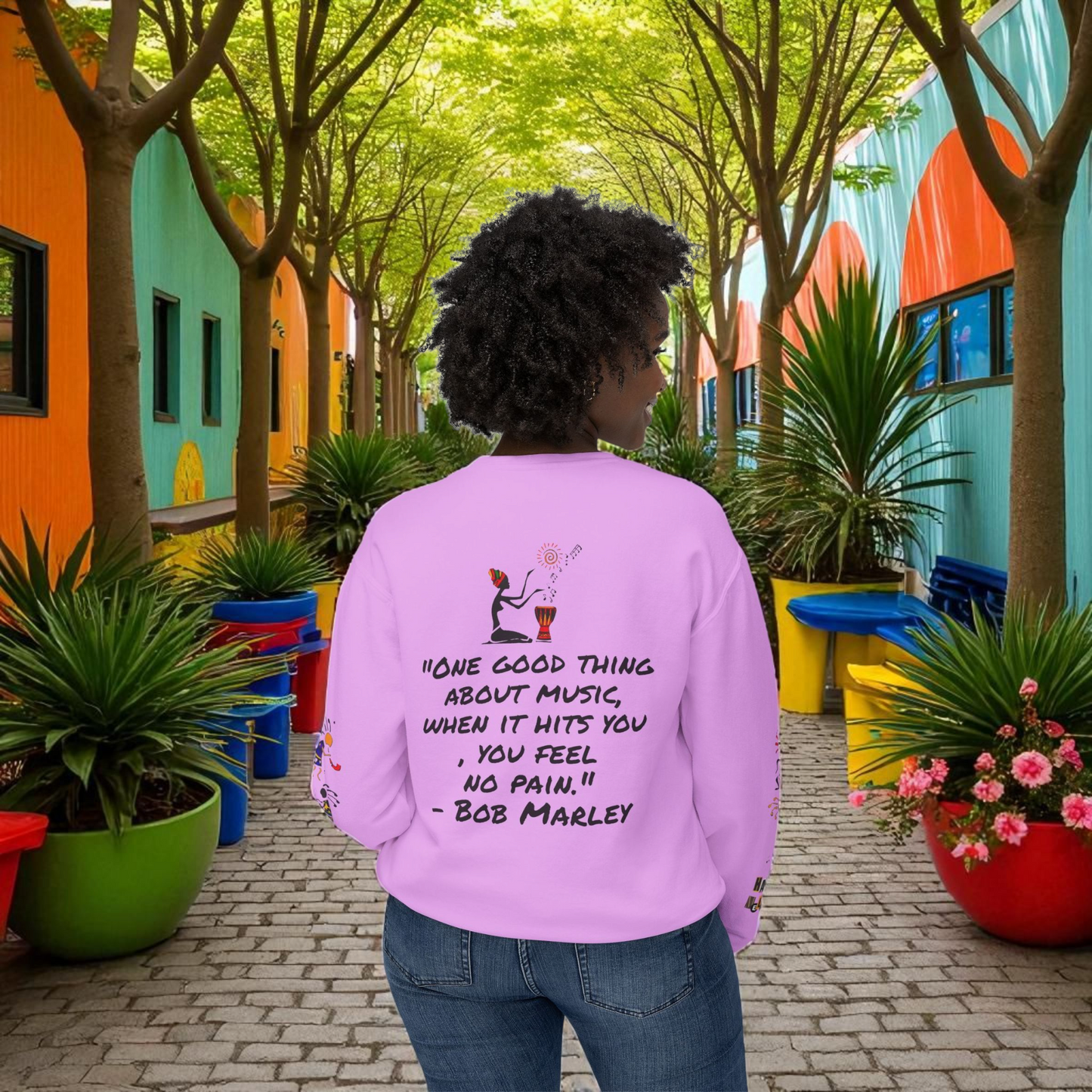 Hand-Drawn Afro Music Graphic Sweatshirt - Unisex Lightweight Crewneck