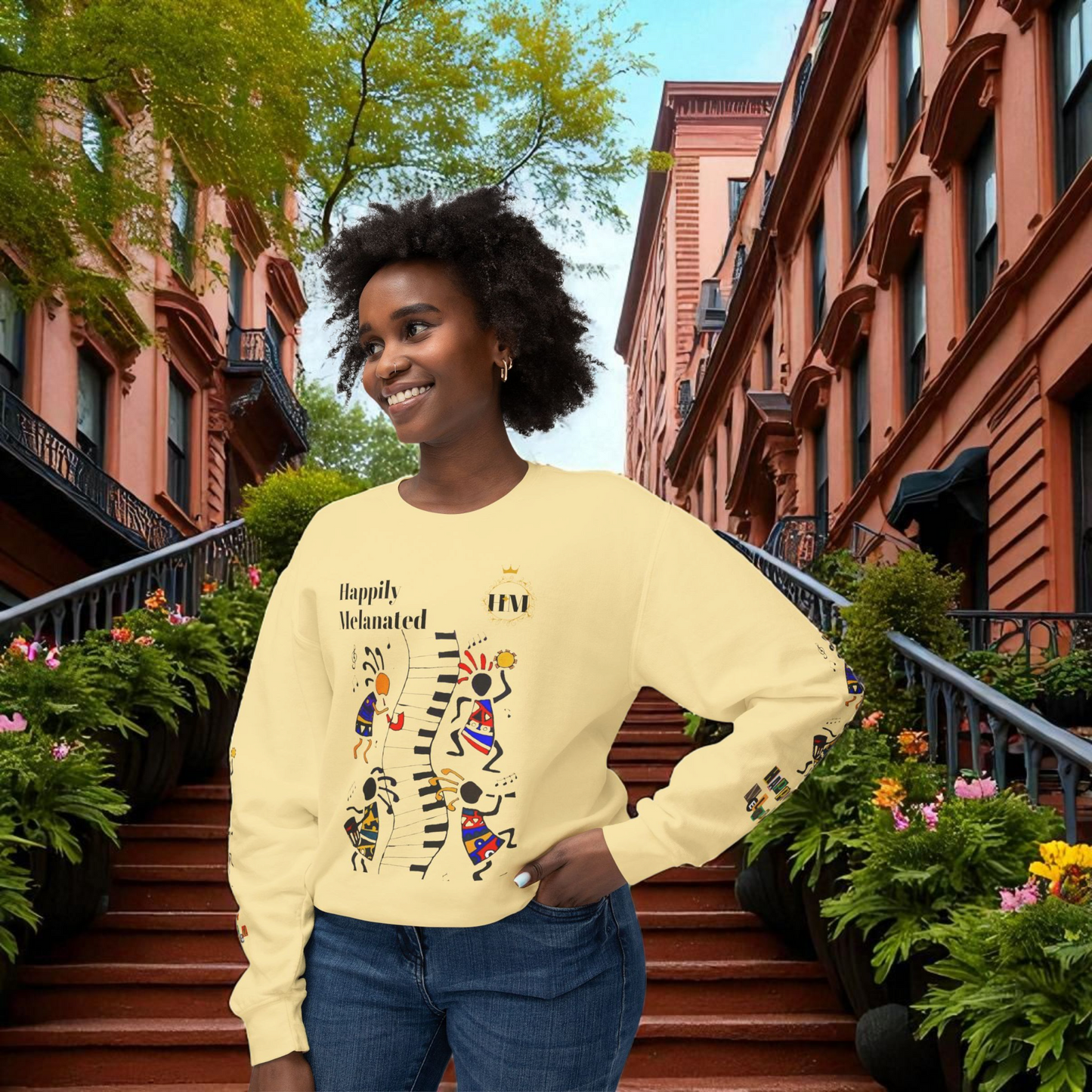Hand-Drawn Afro Music Graphic Sweatshirt - Unisex Lightweight Crewneck