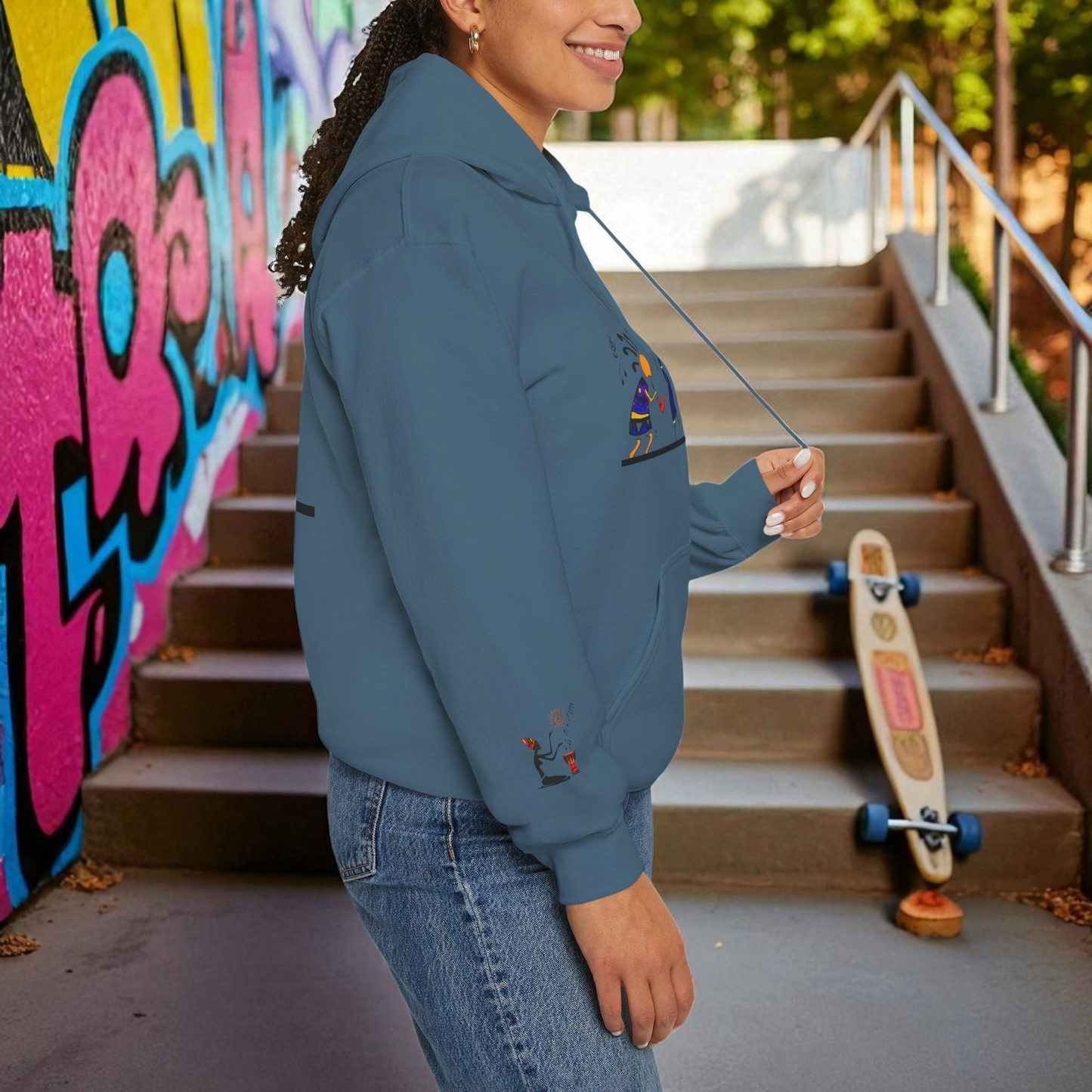 Ethnic Streetwear Pullover Hoodie, Hand-Drawn Tribal Music Art, Urban Fashion