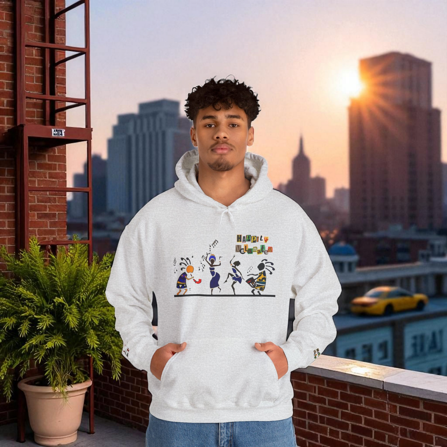 Ethnic Streetwear Pullover Hoodie, Hand-Drawn Tribal Music Art, Urban Fashion