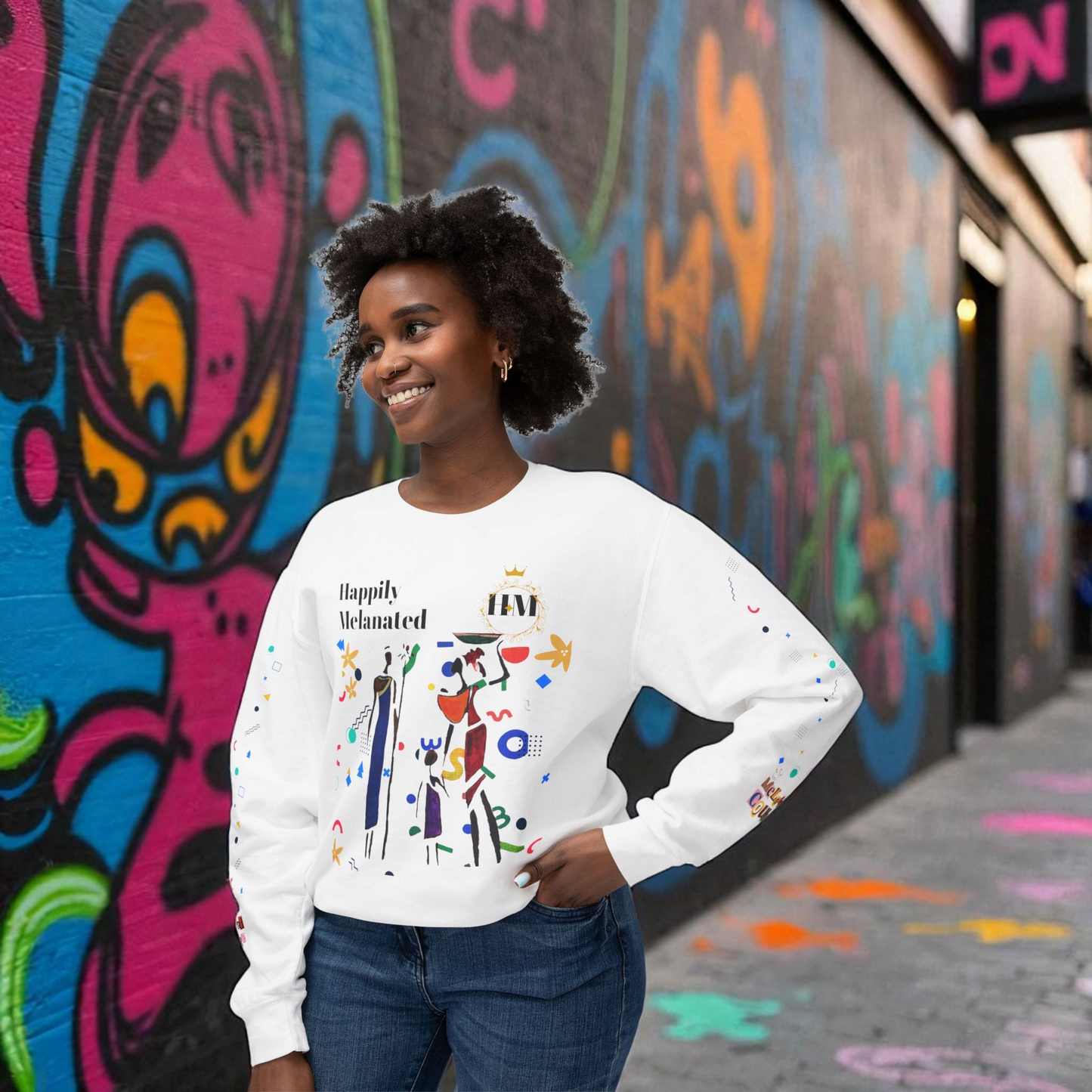 Bold Ethnic Unisex Light Weight Crewneck, Hand-drawn Tribal Family Doodle Design