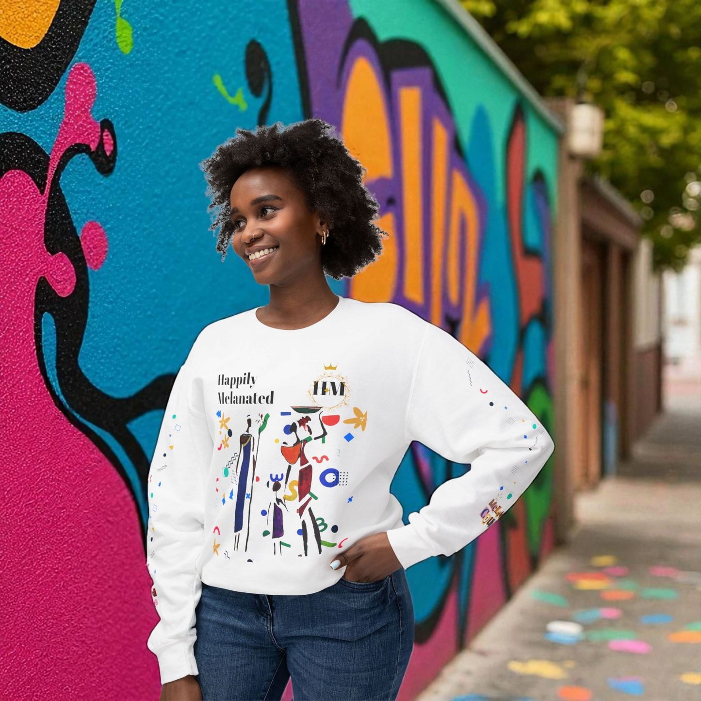Bold Ethnic Unisex Light Weight Crewneck, Hand-drawn Tribal Family Doodle Design