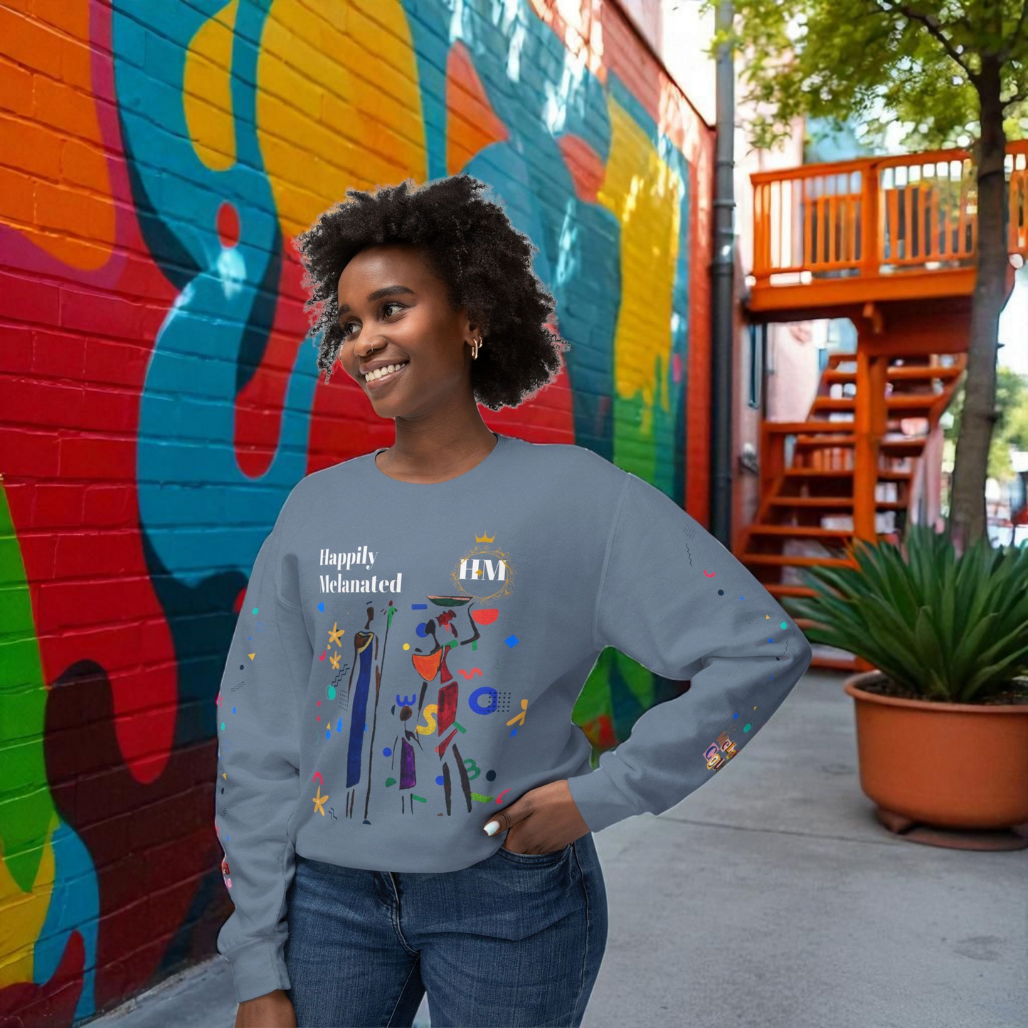 Bold Ethnic Unisex Light Weight Crewneck, Hand-drawn Tribal Family Doodle Design