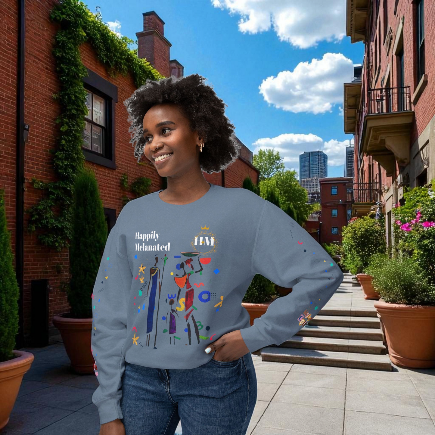 Bold Ethnic Unisex Light Weight Crewneck, Hand-drawn Tribal Family Doodle Design