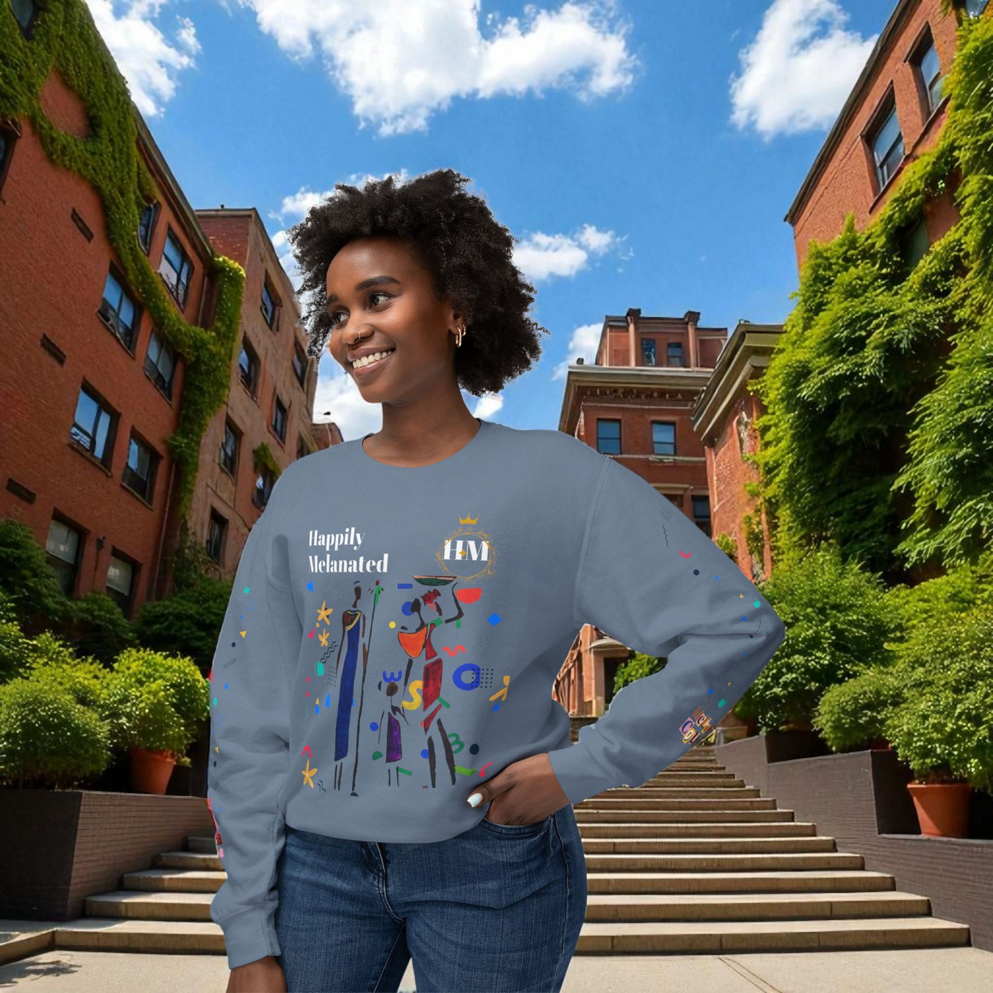Bold Ethnic Unisex Light Weight Crewneck, Hand-drawn Tribal Family Doodle Design